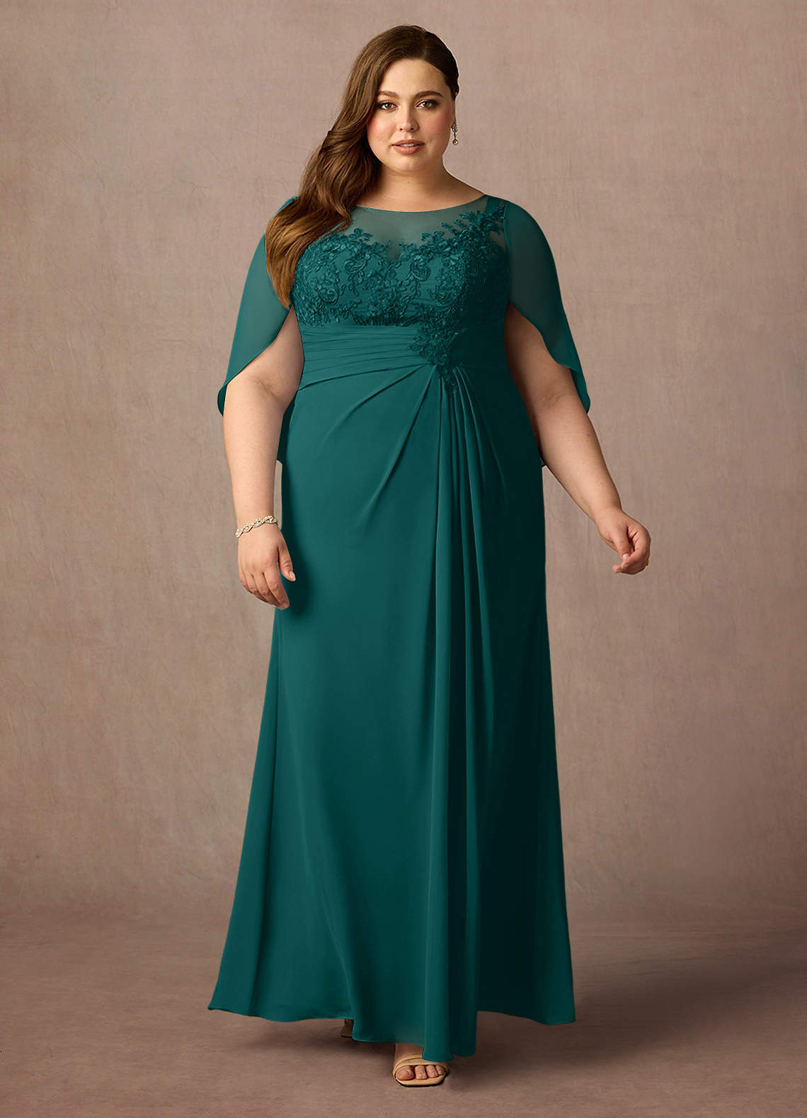 Azazie Hera Mother of the Bride Dresses Peacock A-Line Lace Capelet Chiffon Dress image5