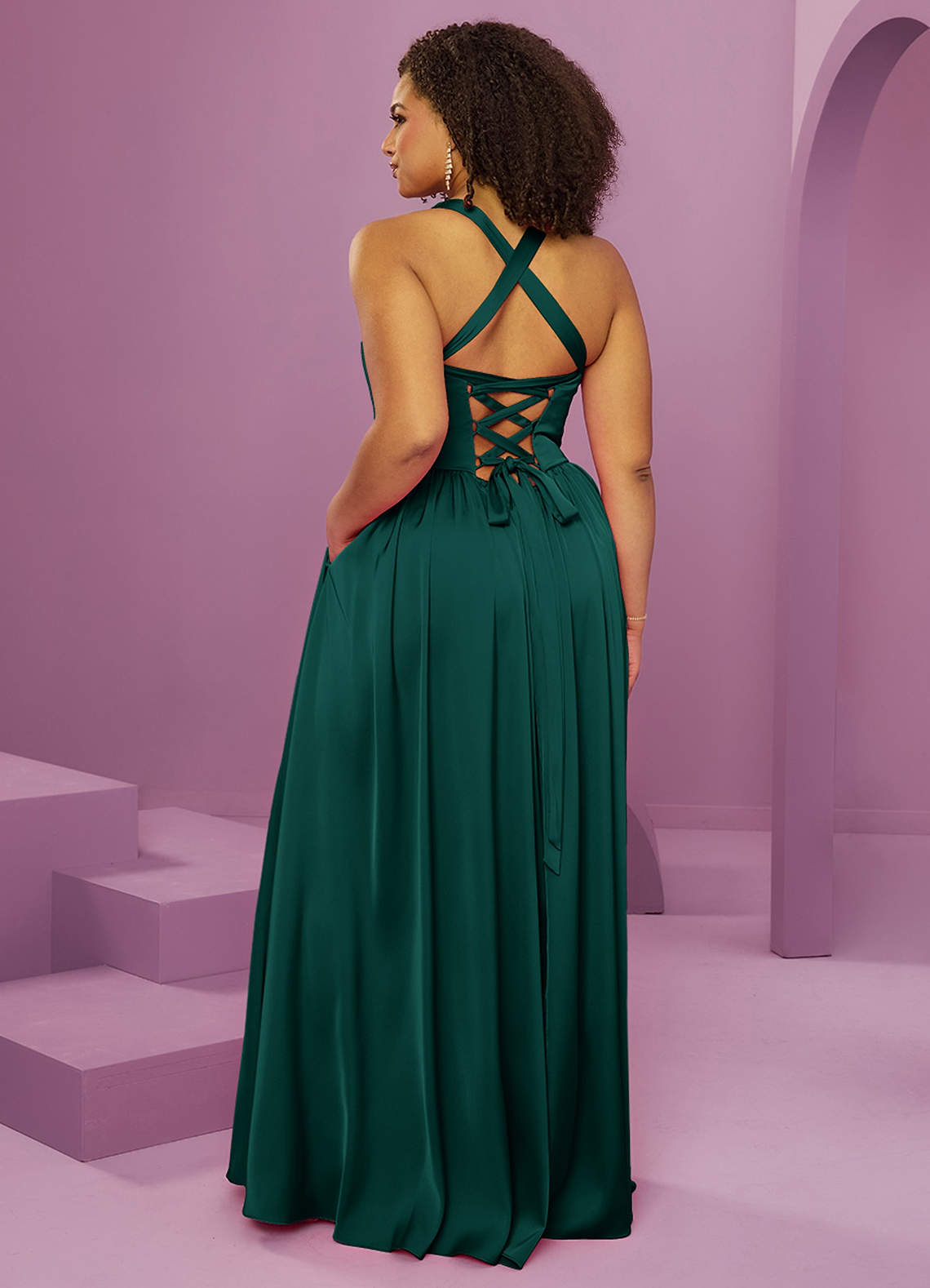 Barbie ♥ Azazie Vente Finale Robe Trapèze en Satin extensible avec poches émeraude image13