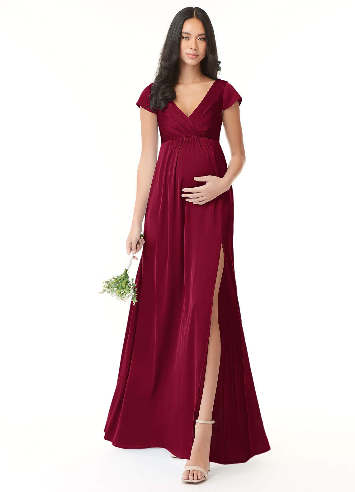 Azazie A-Line/Princess V-Neck Floor-Length Stretch Satin Maternity Bridesmaid Dresses - Burgundy