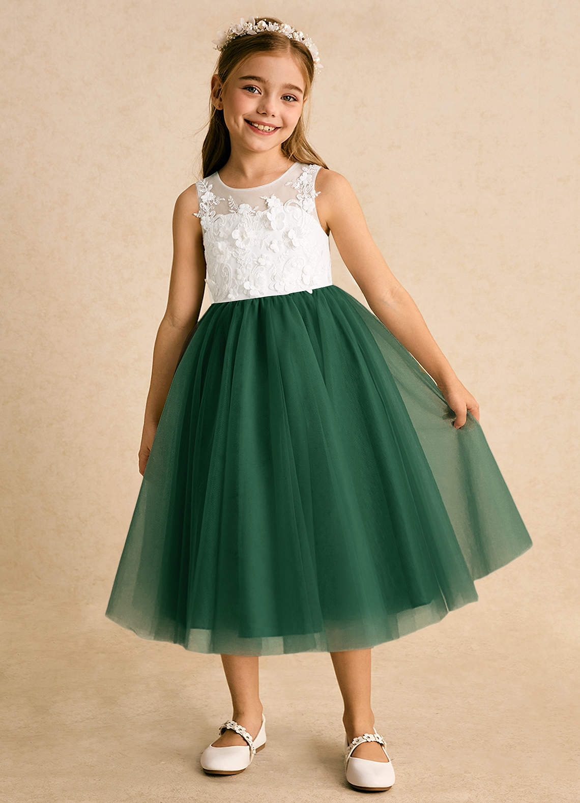 Azazie Ball-Gown Scoop Neck Tea-Length Tulle Flower Girl Dresses - Ivory/Dark Green