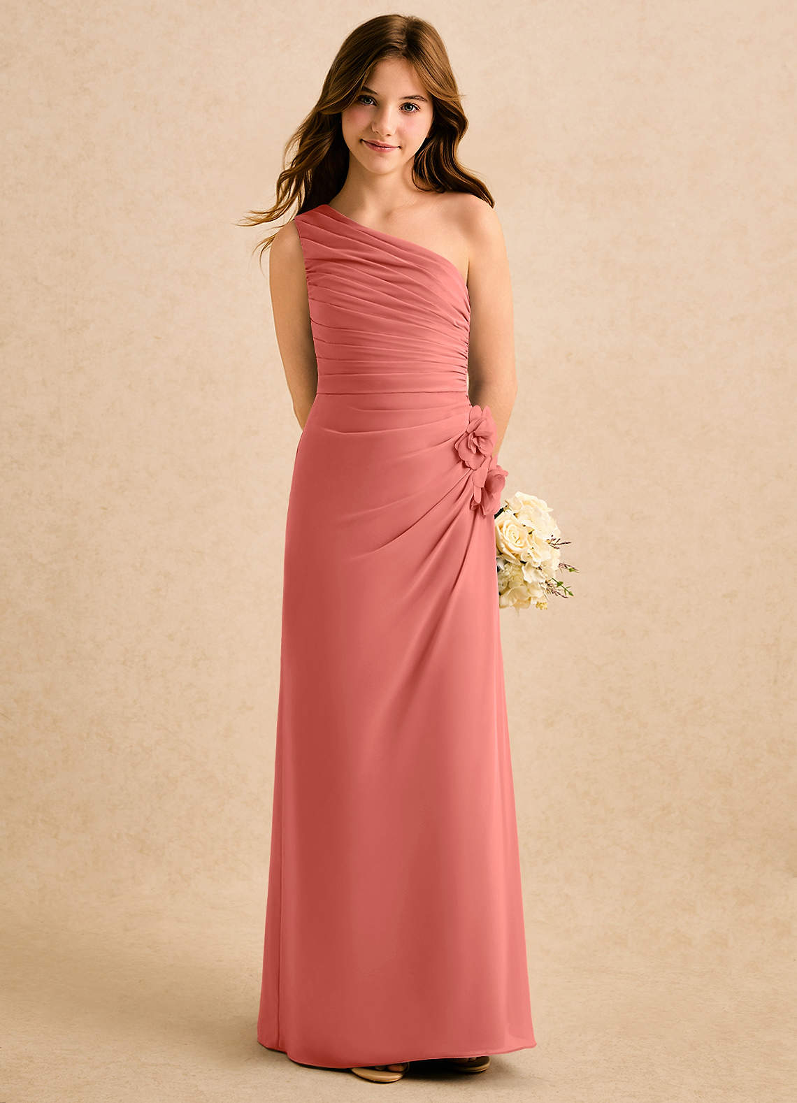 Azazie Sophie Girls Formal Robe Demoiselle D'honneur Fillette Robe Fourreau en Mousseline de soie Une épaule Rose Saumon image4