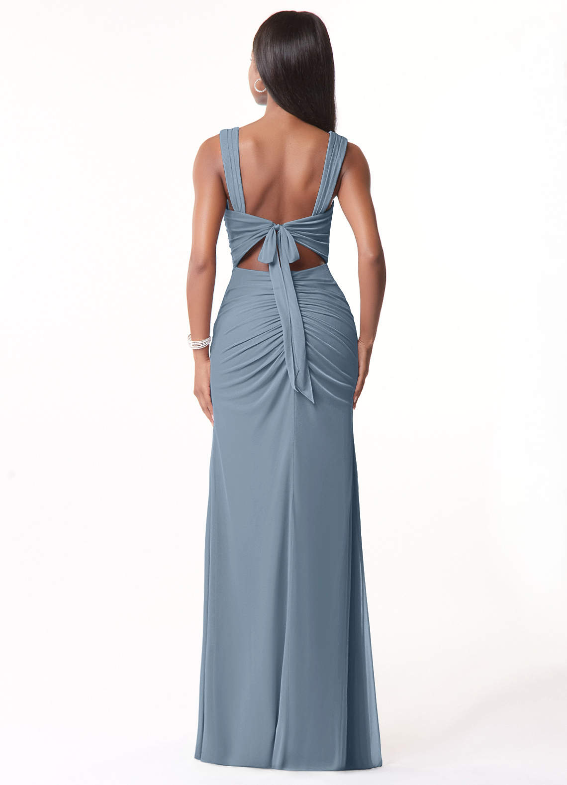 Azazie Jesaphine Vestidos de damas de honor Vestido de Azul Polvoriento de Malla de Corte Recto con Fruncido image2