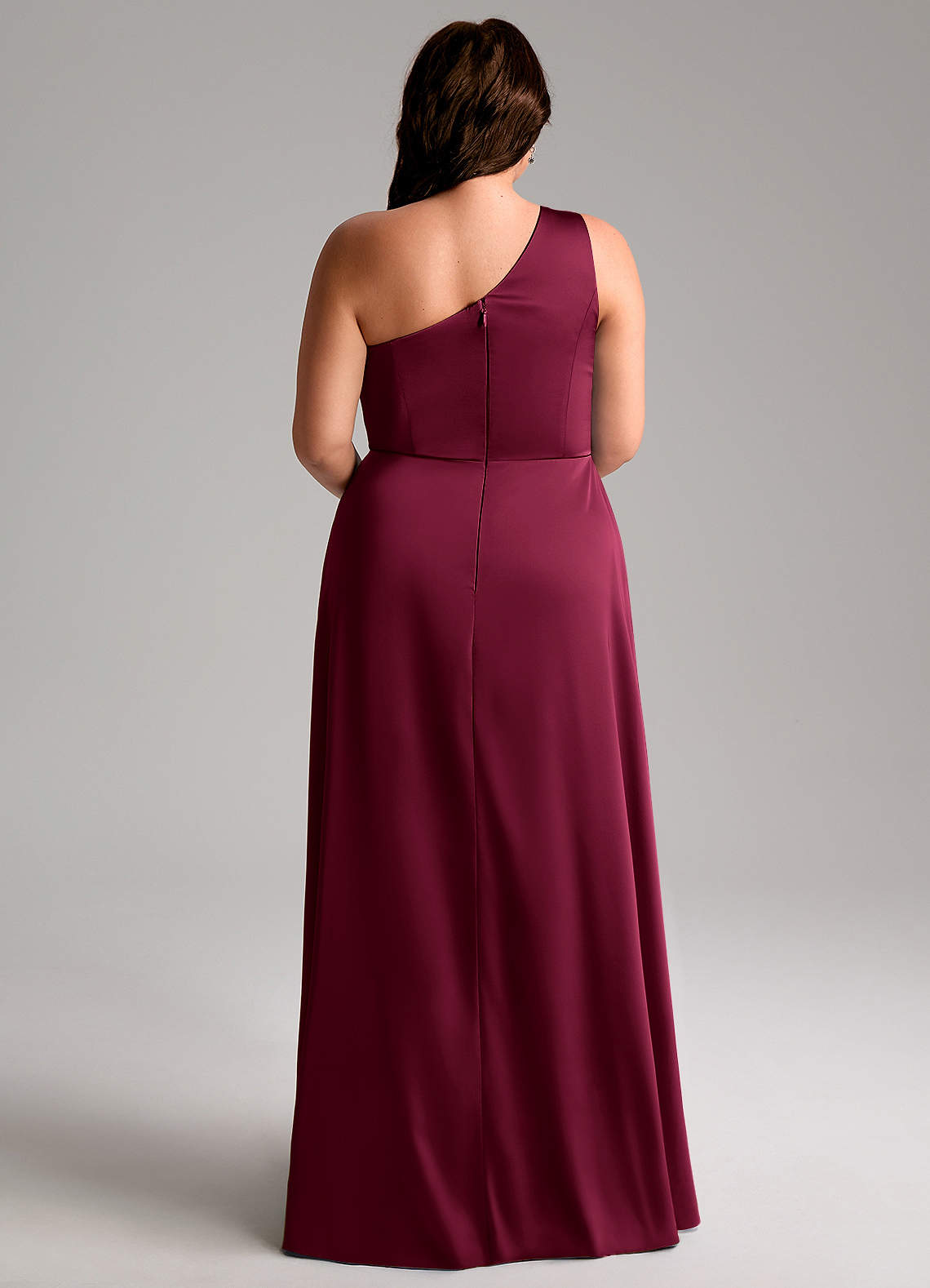 Azazie Brooke Bridesmaid Dresses Burgundy A-Line One Shoulder Stretch Satin Dress image9
