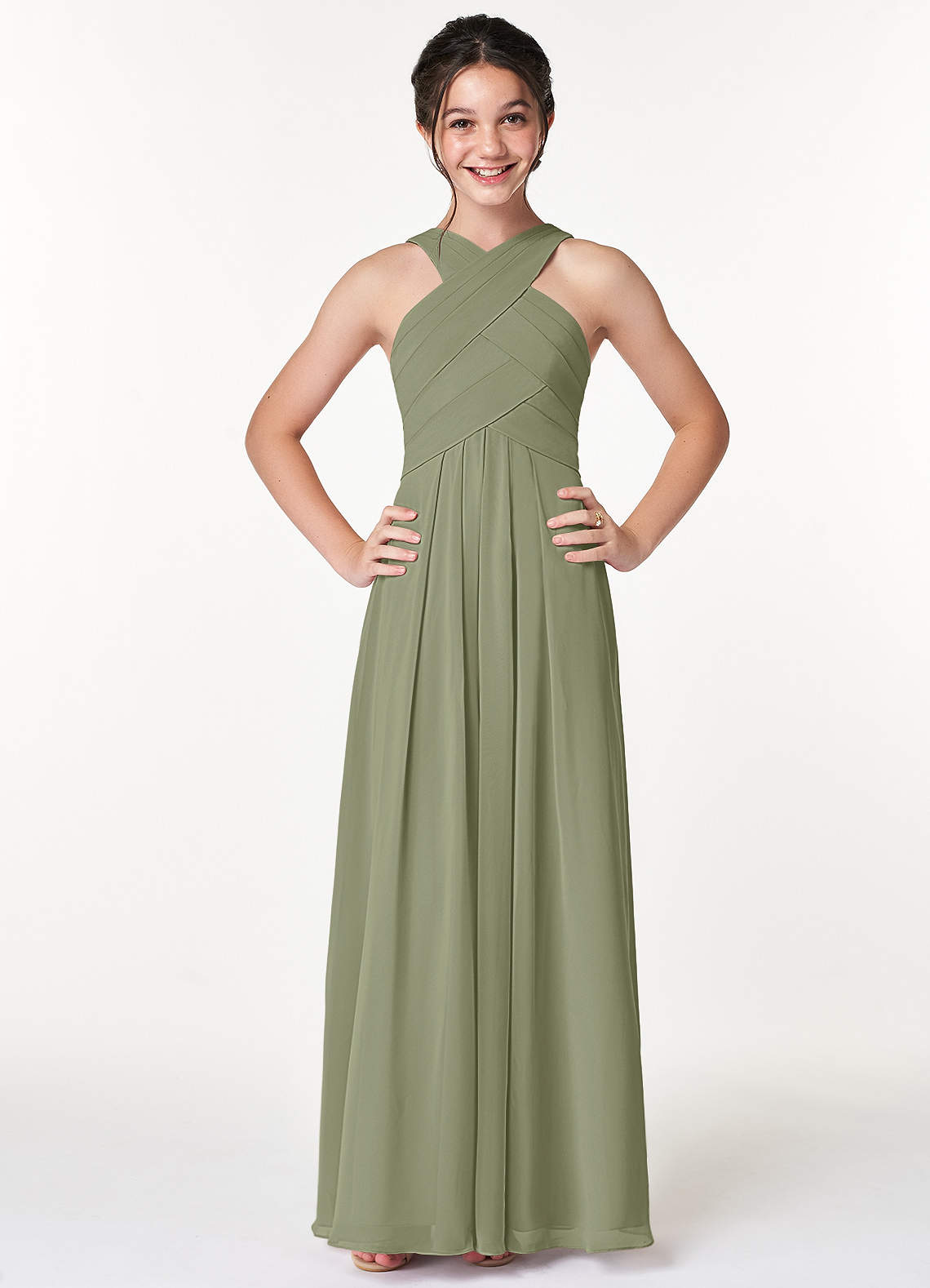 Azazie Kaleigh Junior Pistachio A-Line Pleated Chiffon Dress image1