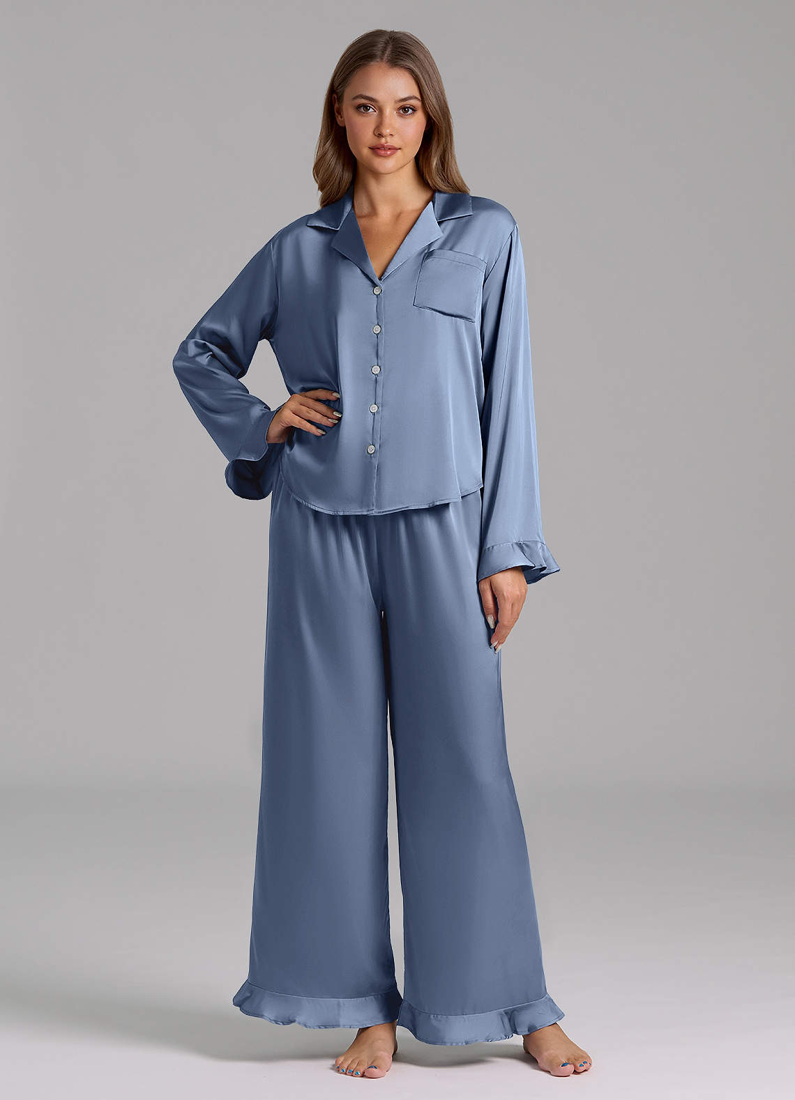 front Matching Color Ruffled Satin Long Sleeve Pajama Set