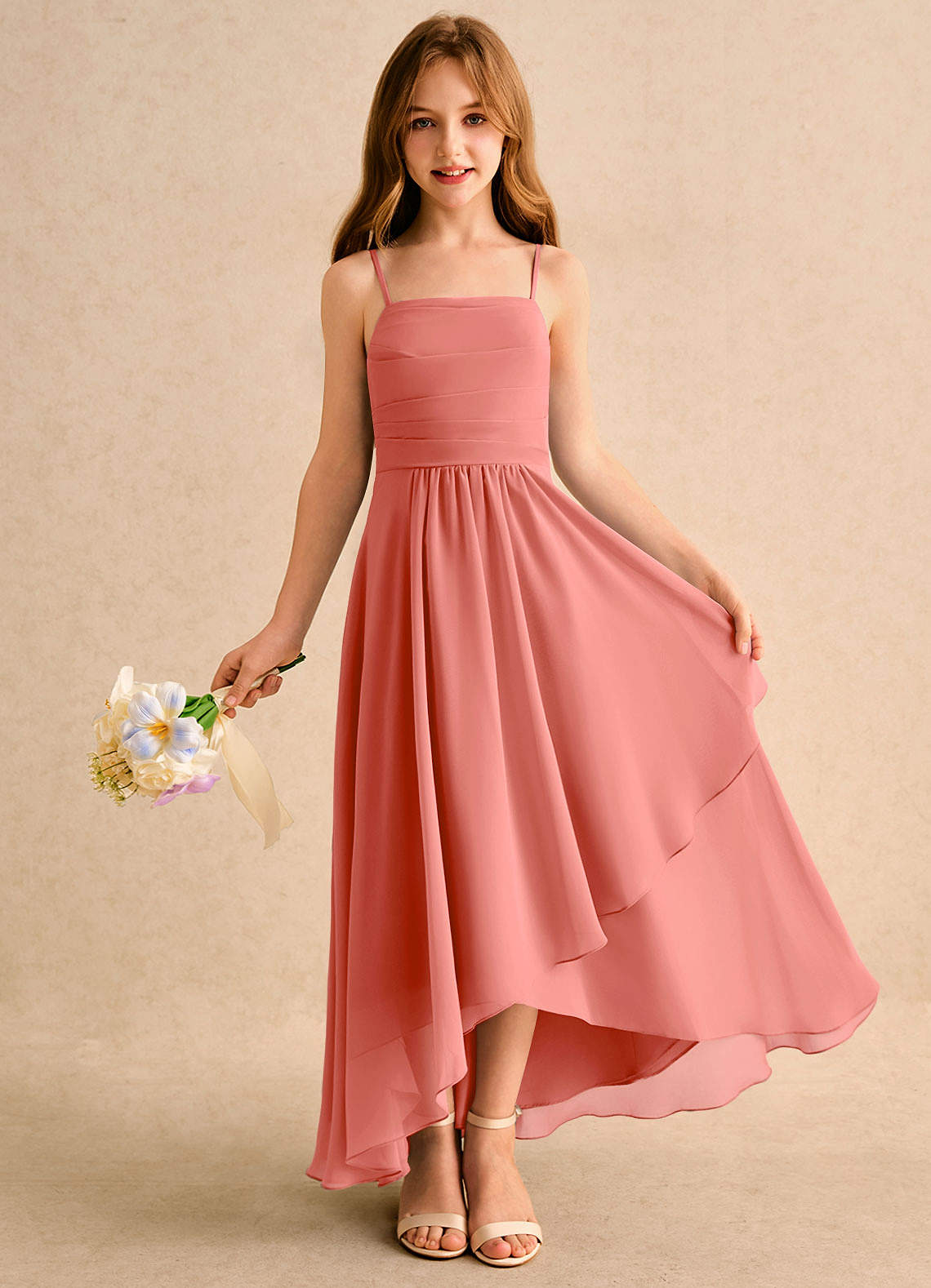 Azazie A-Line/Princess Square Neck Asymmetrical Chiffon Girl Formal Dresses - Salmon Pink