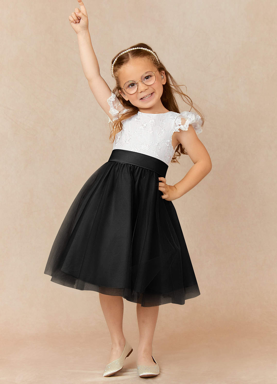 Azazie Vetty Flower Girl Dresses Ivory Black A-Line Lace Tulle Dress image1