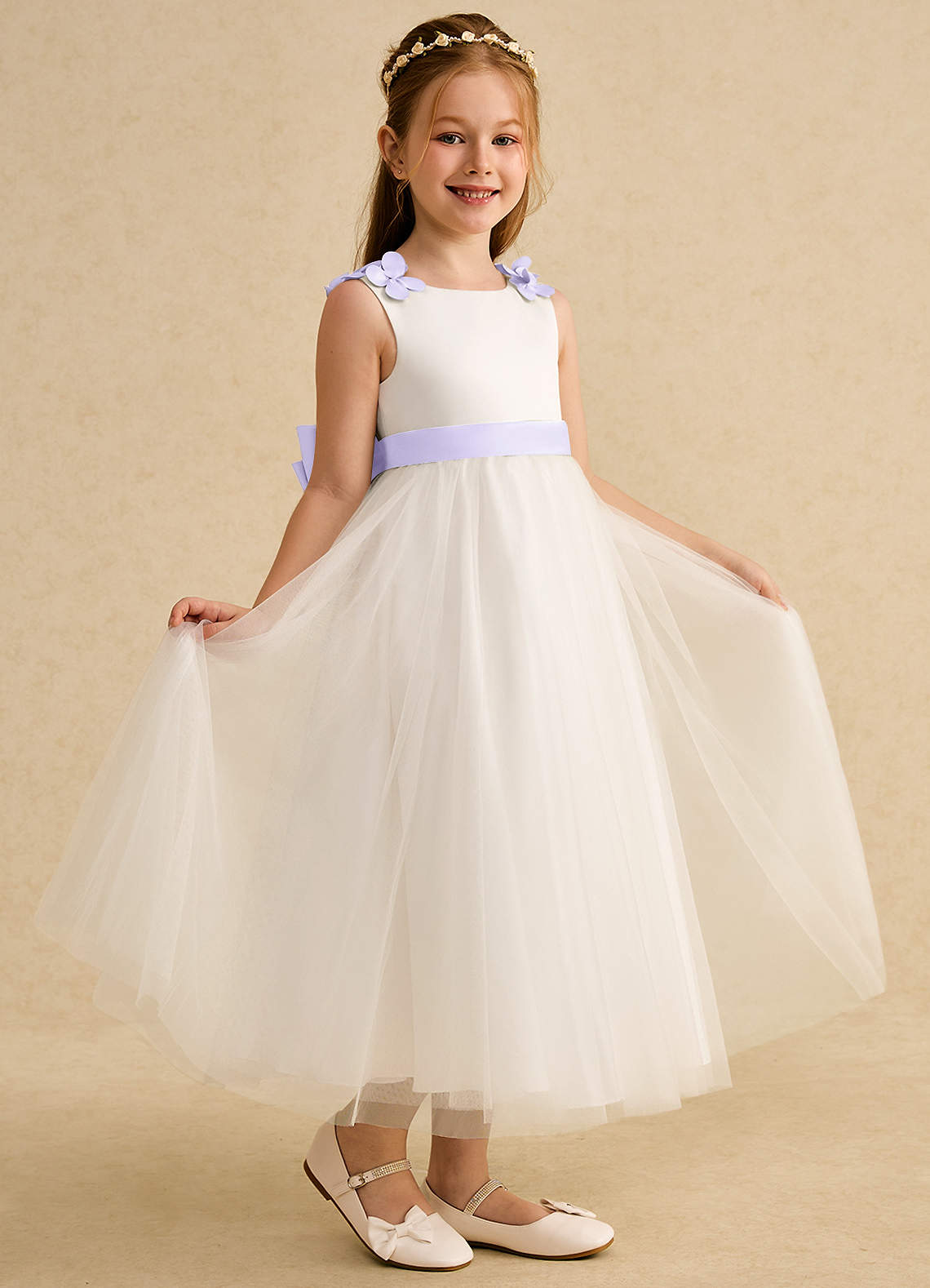 Azazie Lilli vestidos de niña de las flores Vestido de Marfil Lila de Tul de Corte En A con Lazo image1