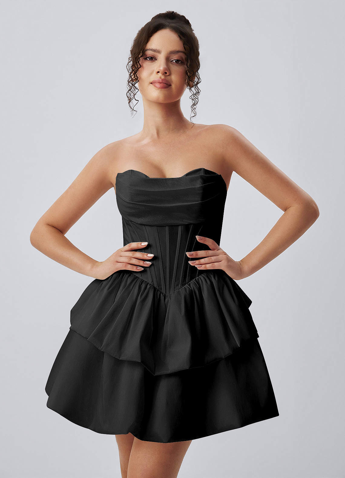 black strapless corset mini dress Noelle Layered Poplin Color:Black-Purple off the shoulder prom Edit:BACHELORETTE Short / Mini (mid