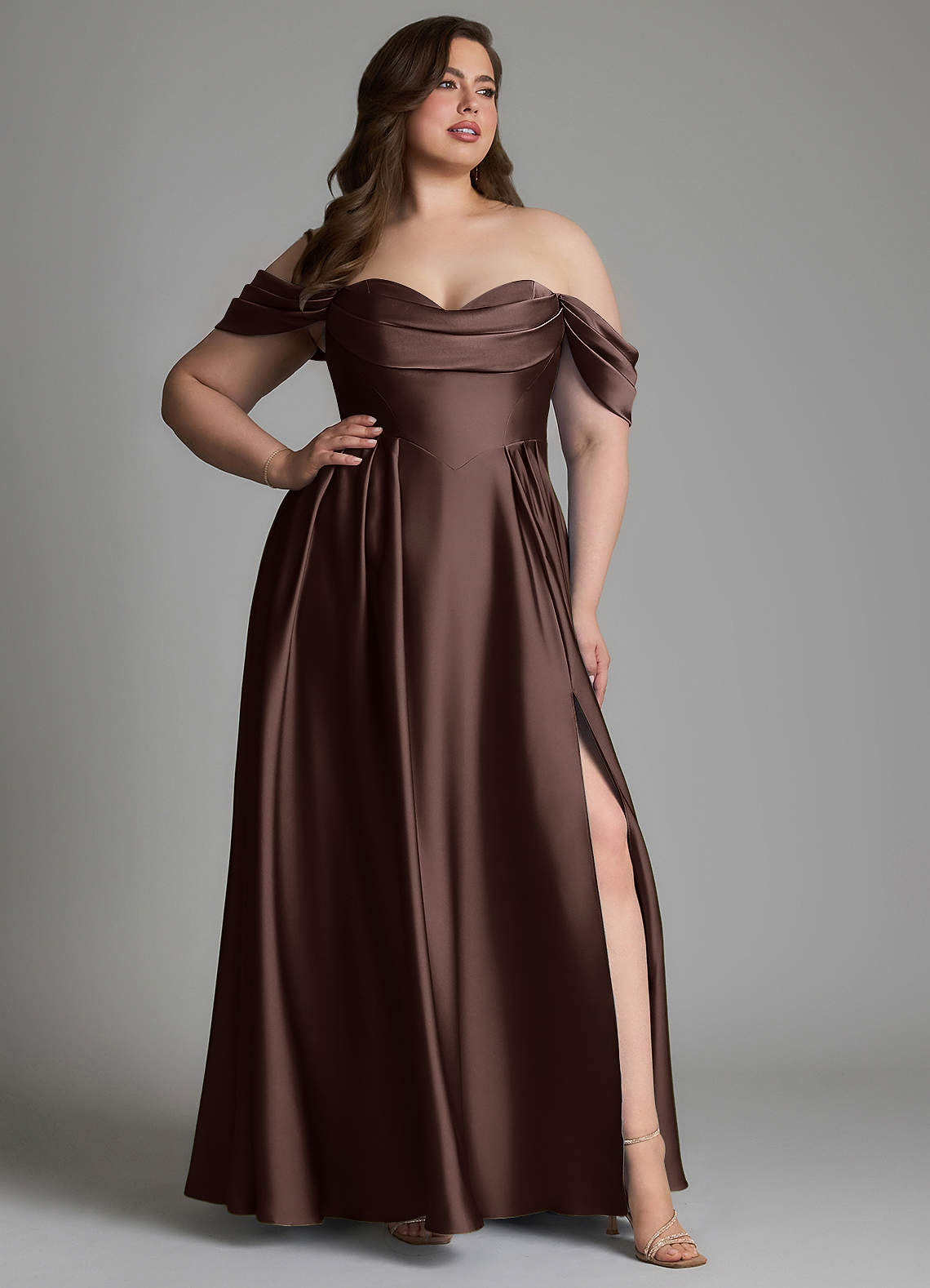Azazie Loisa Bridesmaid Dresses Ganache A-Line Off the Shoulder Stretch Satin Dress image12