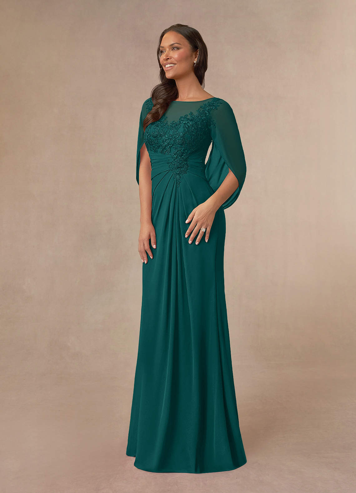 Azazie Hera Mother of the Bride Dresses Peacock A-Line Lace Capelet Chiffon Dress image1