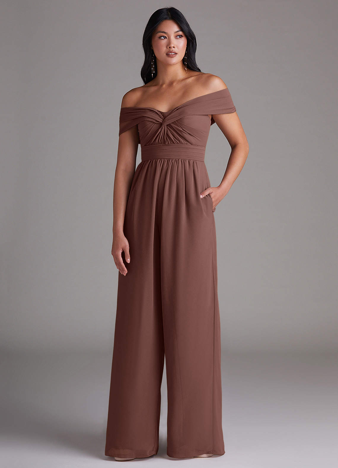 Azazie Lamara Bridesmaid Dresses Espresso Off the Shoulder Chiffon Convertible Jumpsuit image1
