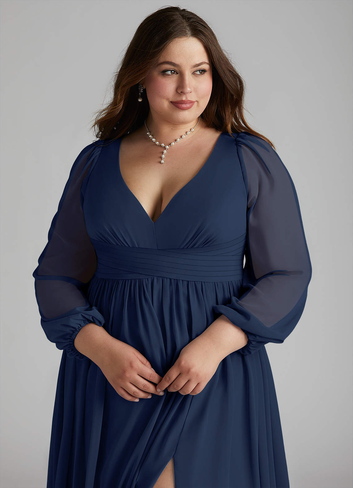 Azazie Norah Bridesmaid Dresses Dark Navy A-Line V-Neck Long Sleeve Chiffon Dress image9