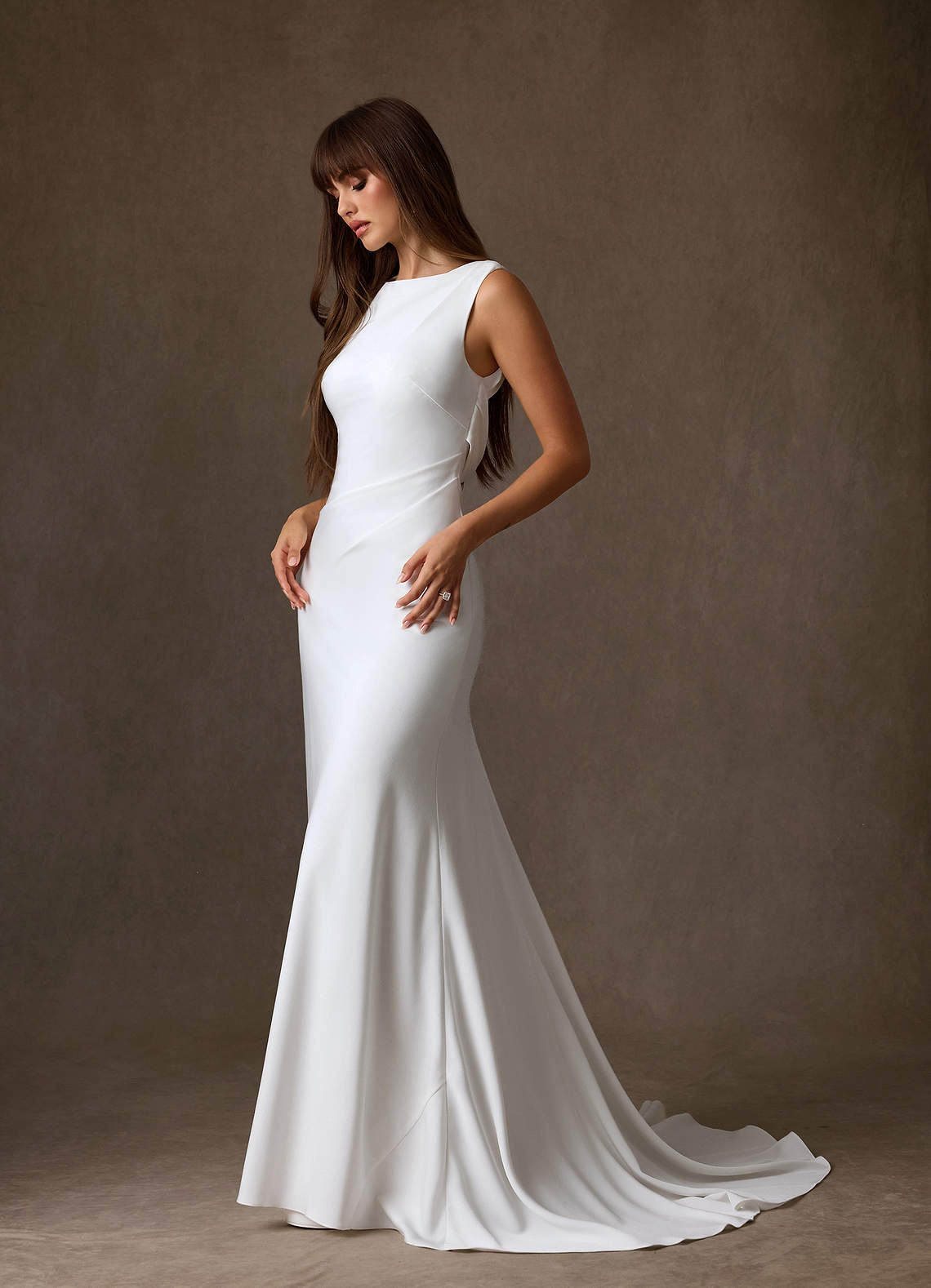 crepe a line wedding dress Crepe Plus Size A-Line Wedding Dress with Off-the-Shoulder Straps