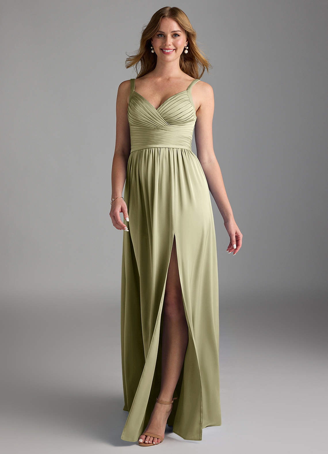 Azazie Chanel Bridesmaid Dresses Pistachio A-Line Pleated Stretch Satin Dress image1