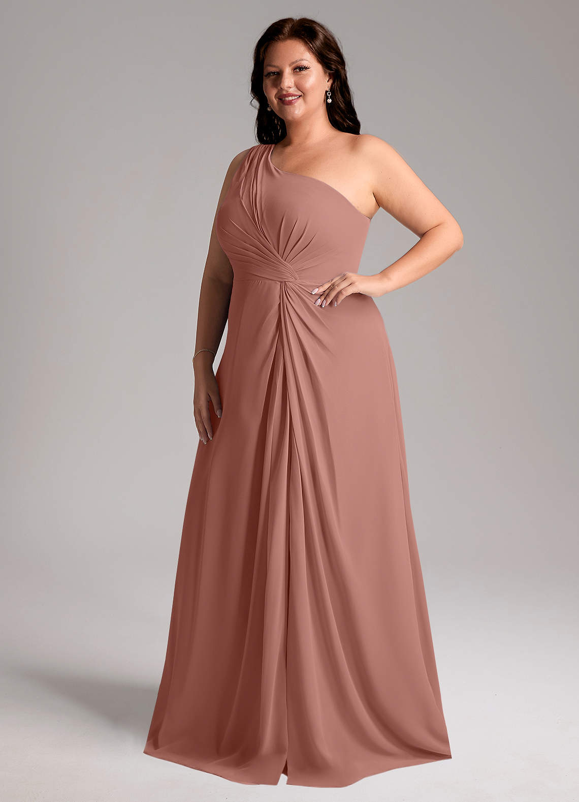 Azazie Brooke Bridesmaid Dresses Cedar Rose A-Line One Shoulder Chiffon Dress image11