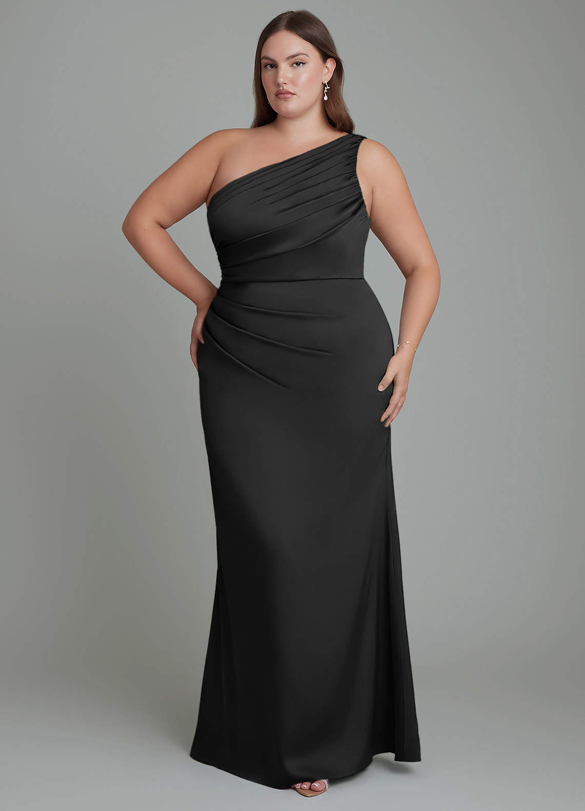 Azazie Akilah Bridesmaid Dresses Black Mermaid One Shoulder Stretch Satin Dress image1