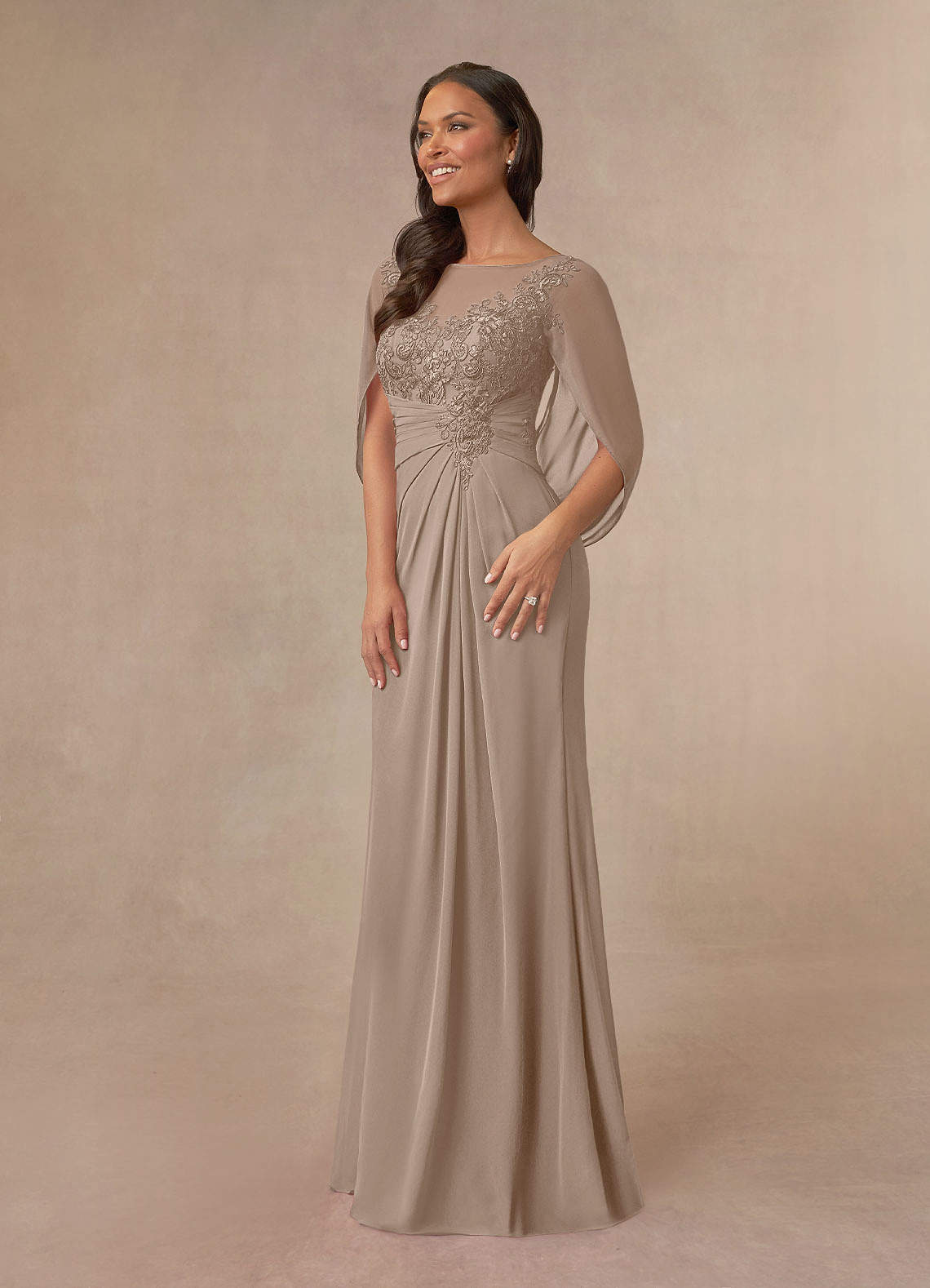 Azazie Hera Taupe A-Line Lace Capelet Chiffon Dress | Azazie