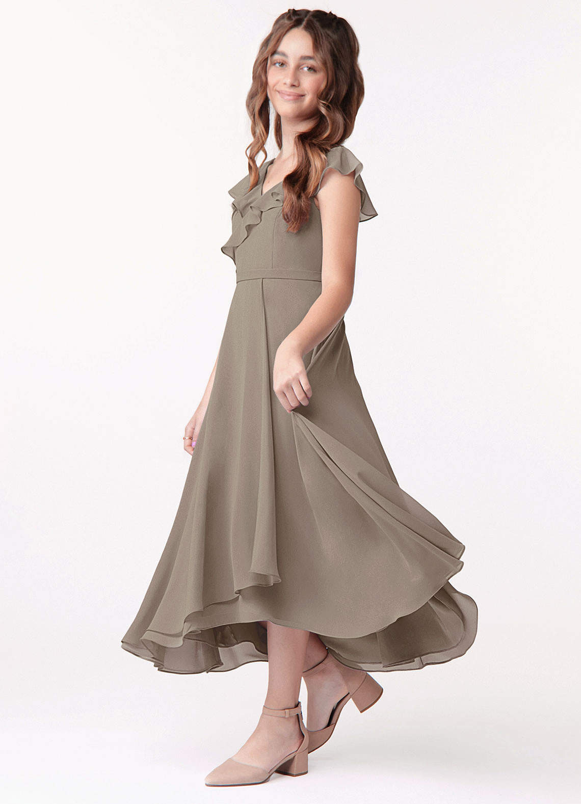 Azazie Posie Junior Taupe A-Line Ruched Chiffon Dress image1