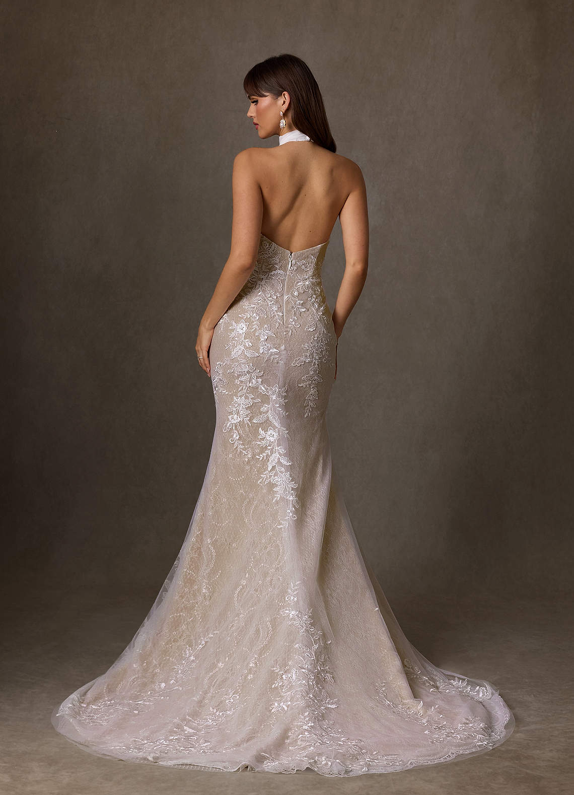 Azazie 2026 Sheath Boho Diamond White/Nude Vintage Wedding Dress Chapel Train Lace Halter Neck Embroidered Lace