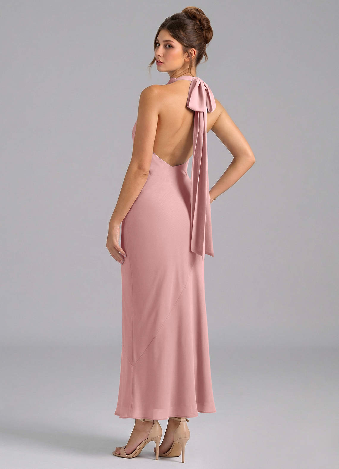 Azazie Velli At-home Try On Dresses Dusty Rose Mermaid High Neck Chiffon Dress image5