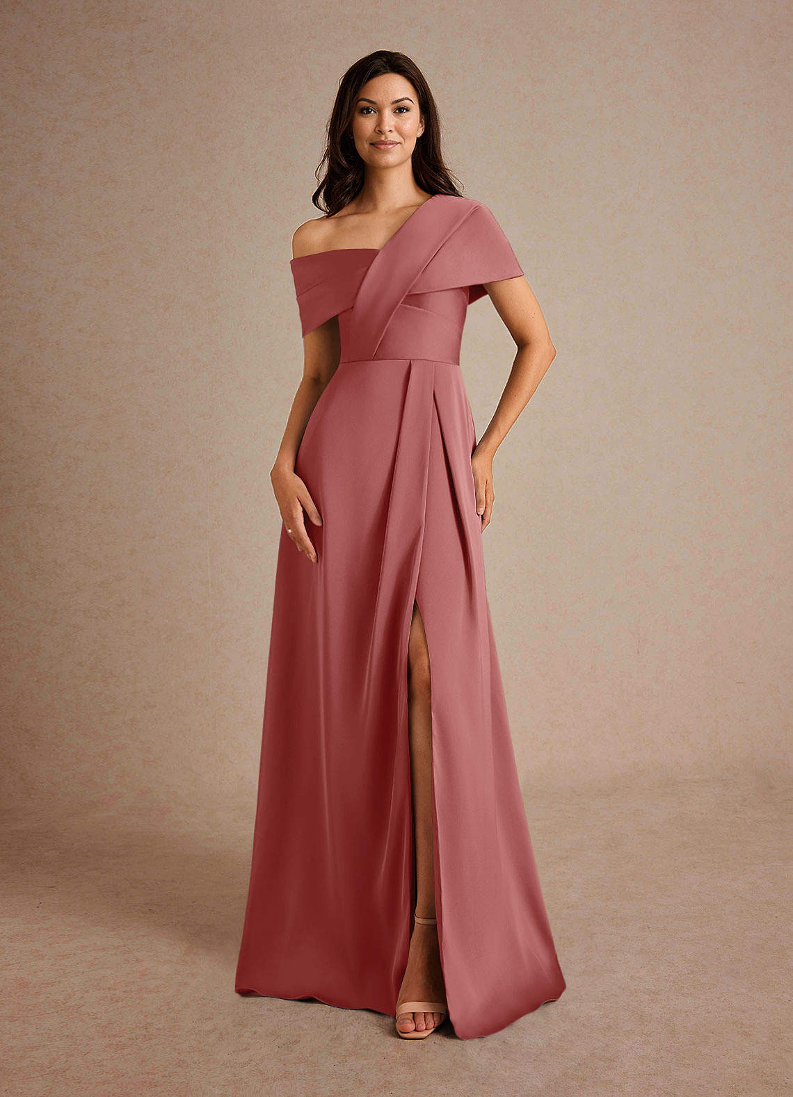 Azazie Milton Mother of the Bride Dresses Antique Rose A-Line Pleated Stretch Satin Dress image4