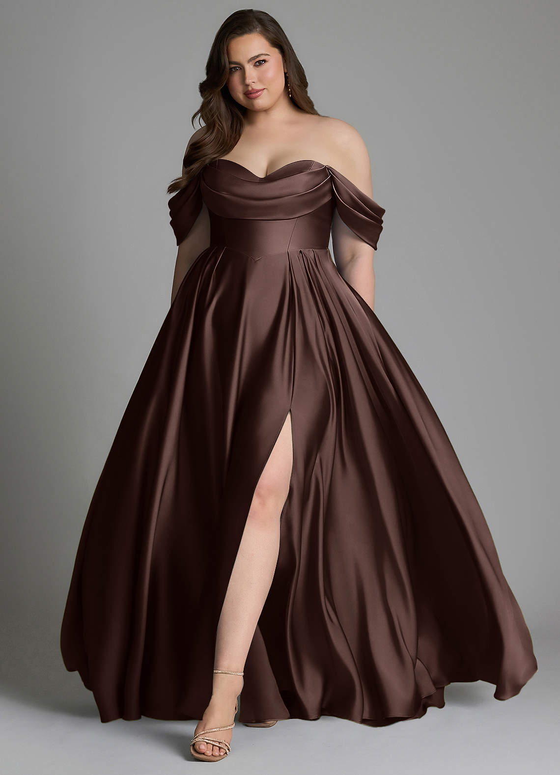 Azazie Loisa Bridesmaid Dresses Ganache A-Line Off the Shoulder Stretch Satin Dress image10