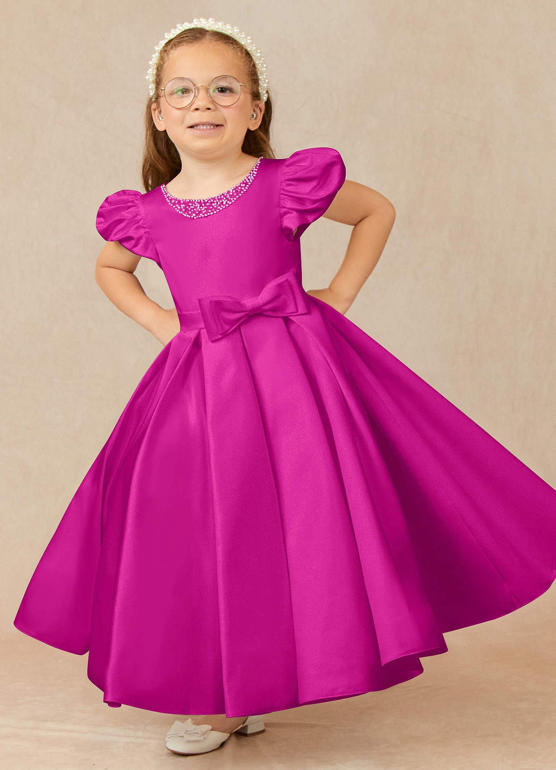 Azazie Jewel Flower Girl Dresses Fuchsia Ball-Gown Pleated Matte Satin Dress image1