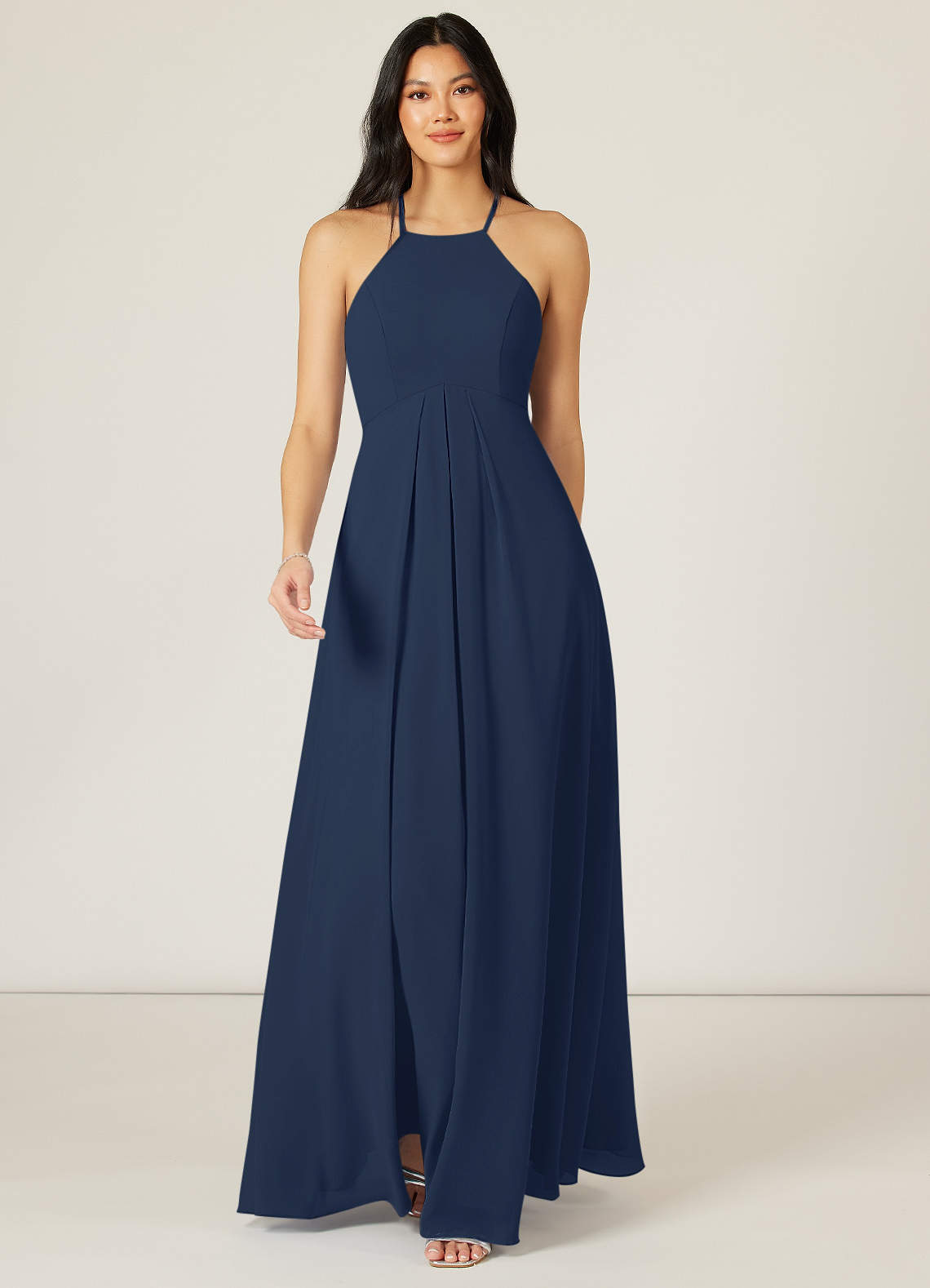 Azazie Sarah Robes de demoiselle d'honneur Robe Empire en Mousseline de soie Plissée Bleu Marine Foncé image1