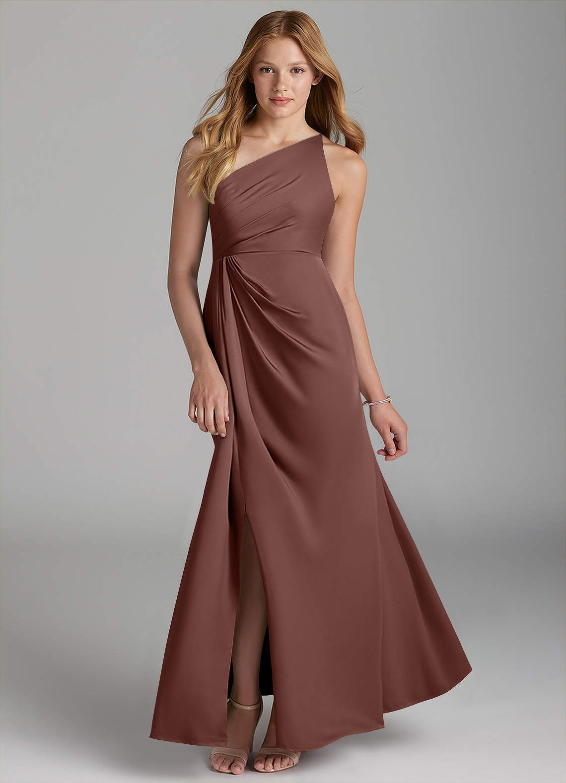 Azazie Mika Junior A-Linie Plissee Stretch-Satin Kleid Espresso image1