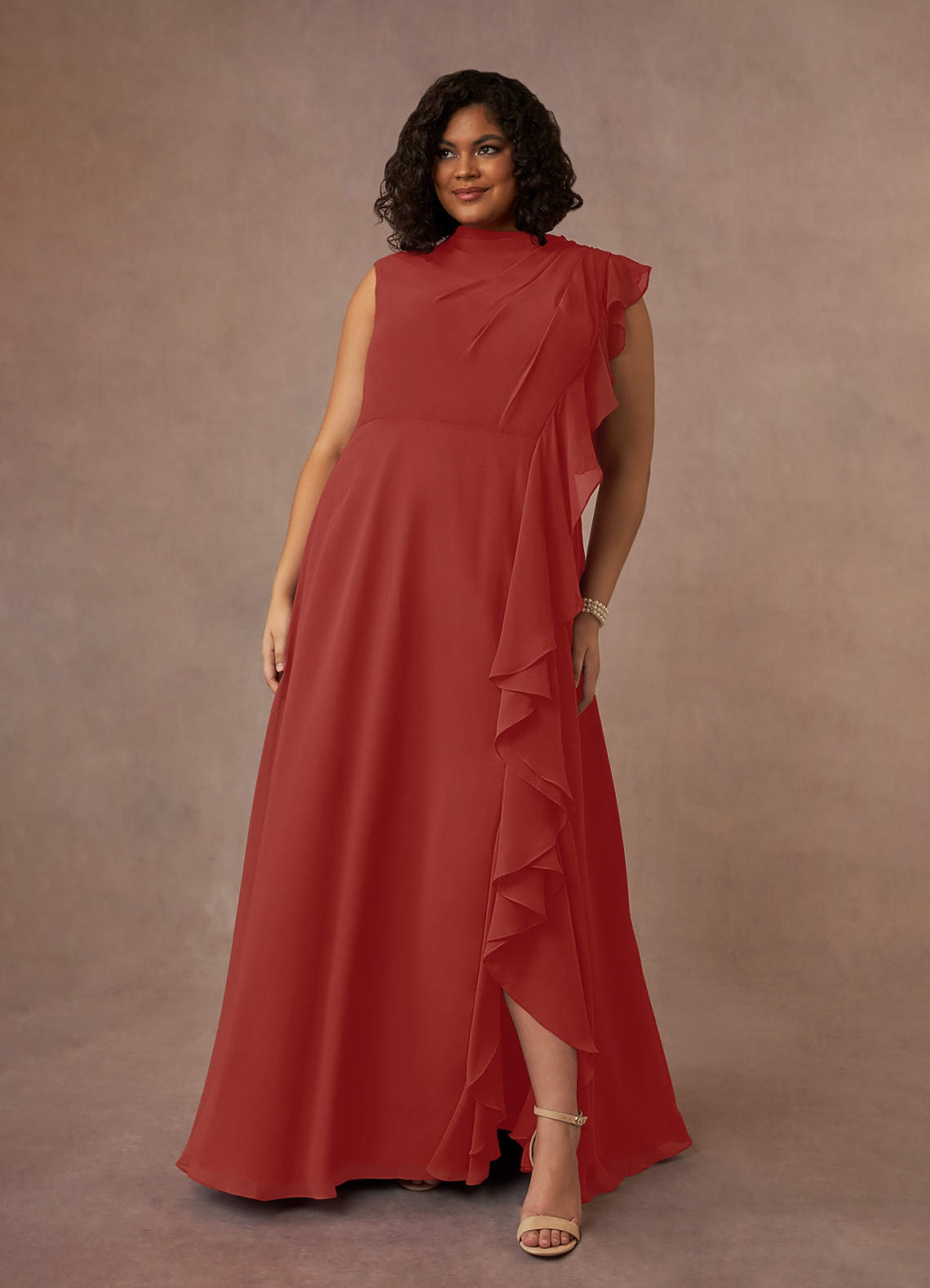 Azazie Narine Terracotta A-Line High Neckline Pleated