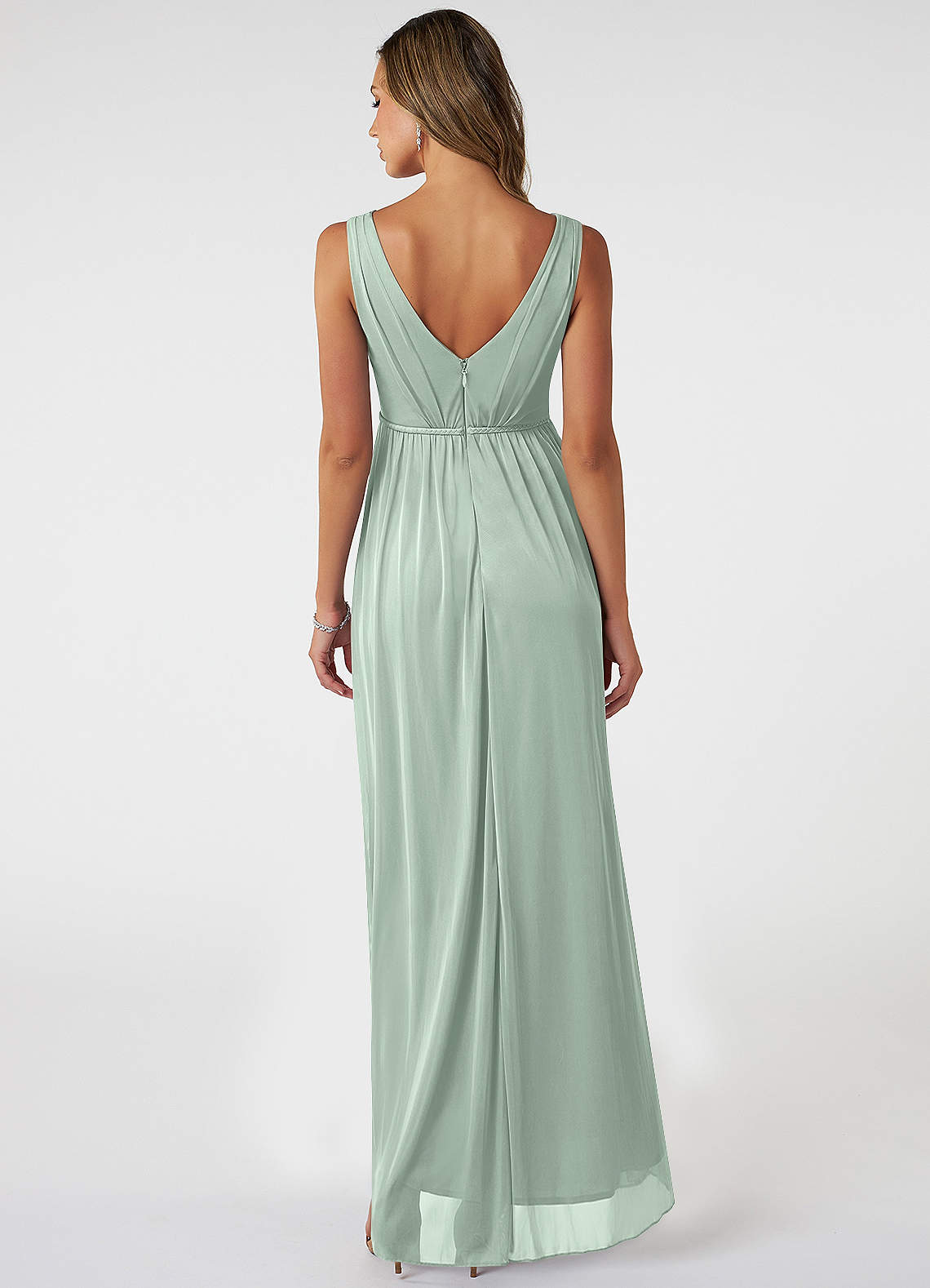 Azazie Tanicia Bridesmaid Dresses Agave A-Line V-Neck Pleated Mesh Dress image1
