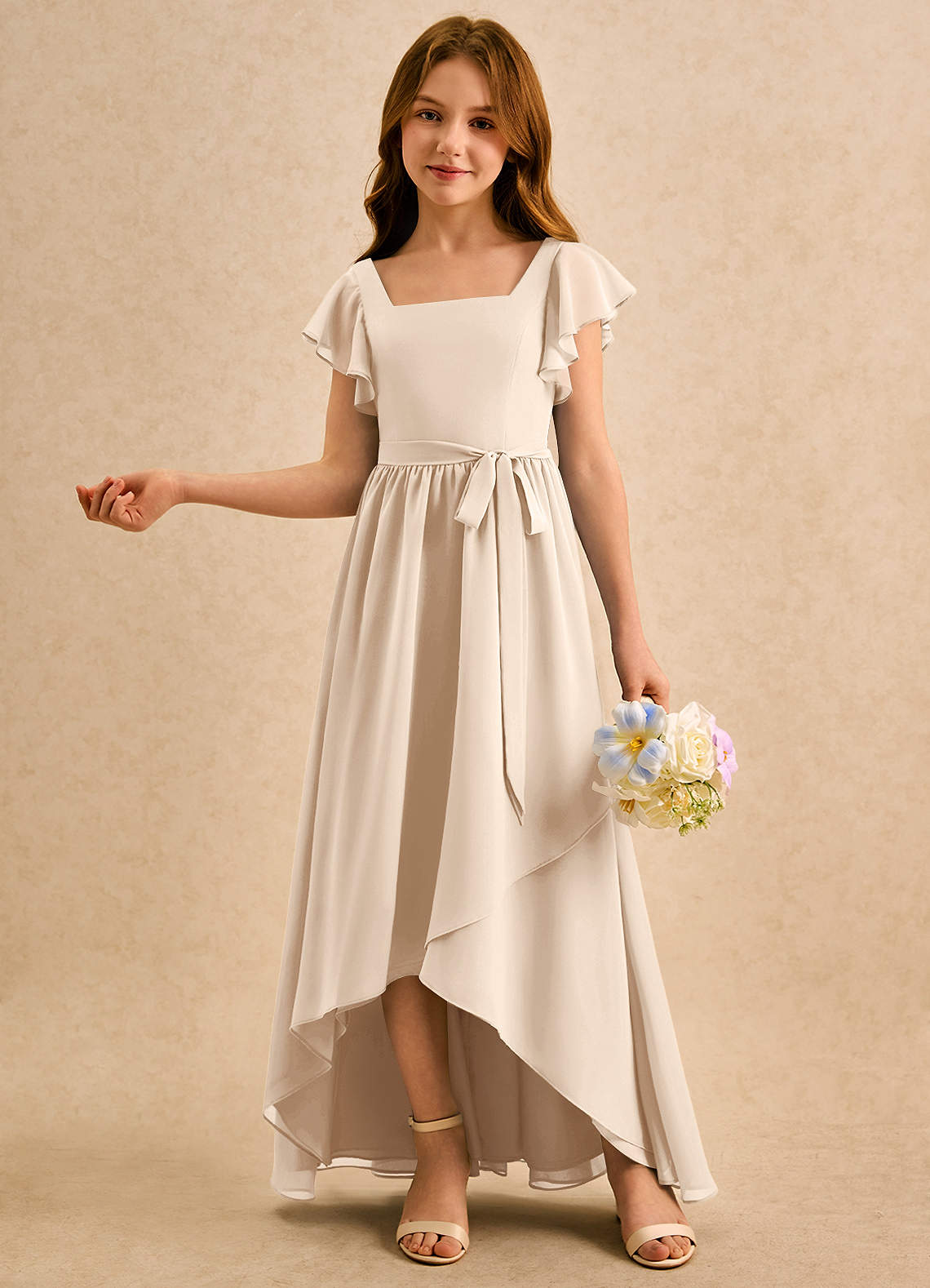 Azazie Milly Girls Formal Flower Girl Dresses White Alabaster A-Line Pleated Chiffon Dress image3