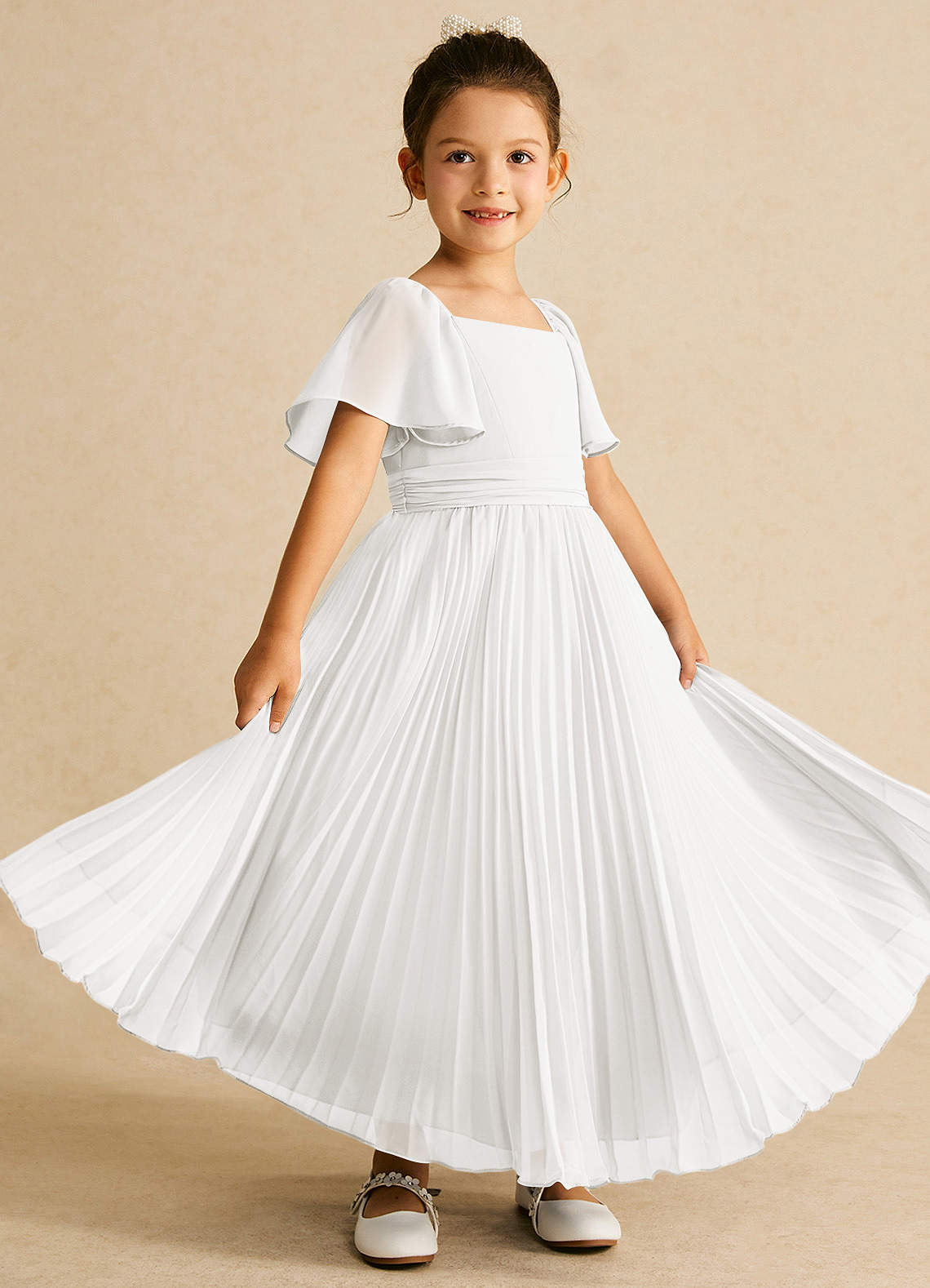 Azazie Bun Bun Flower Girl Klänningar Klänning A-Linje i Chiffong Plisserad image1