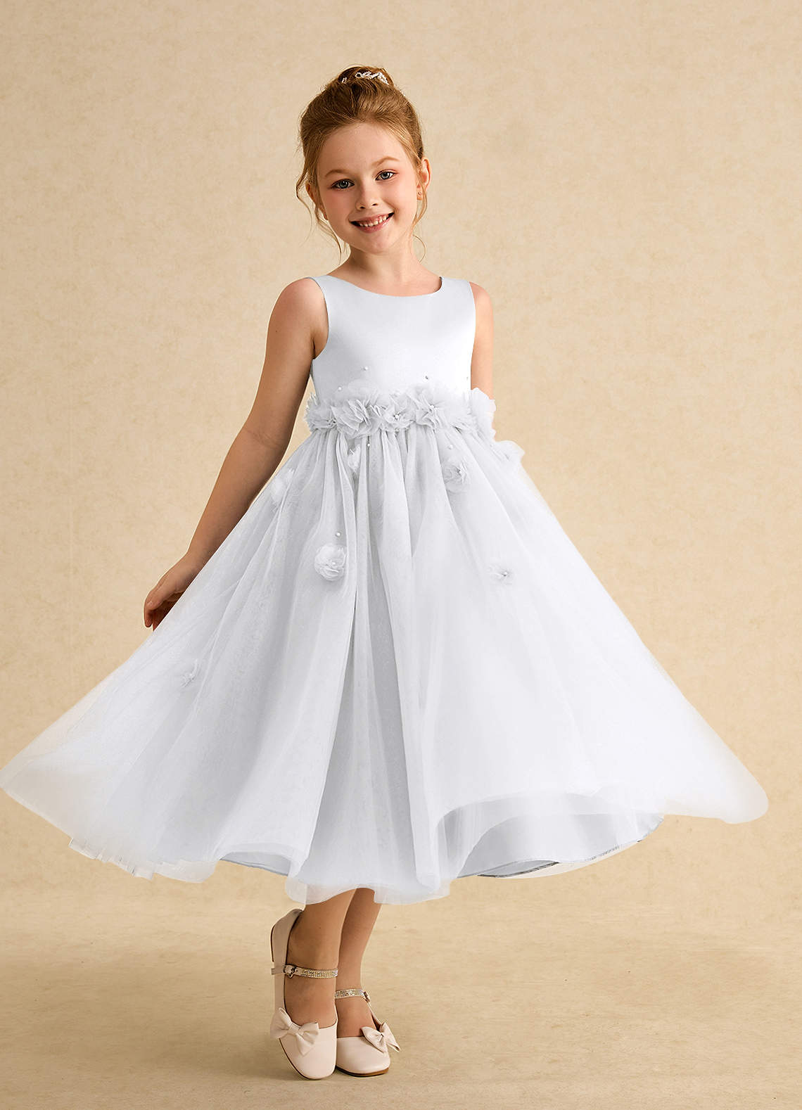 Azazie Lux Flower Girl Dresses White A-Line Beaded Tulle Dress image1