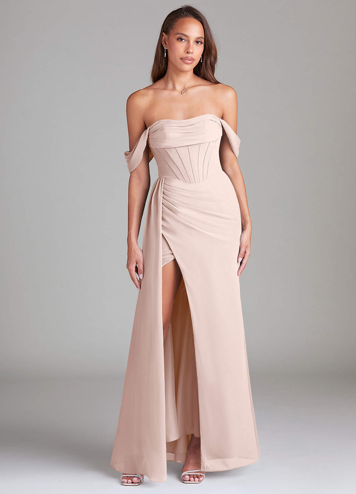 Azazie Amyra Bridesmaid Dresses Rose Petal Sheath Off the Shoulder Chiffon Convertible Dress image1