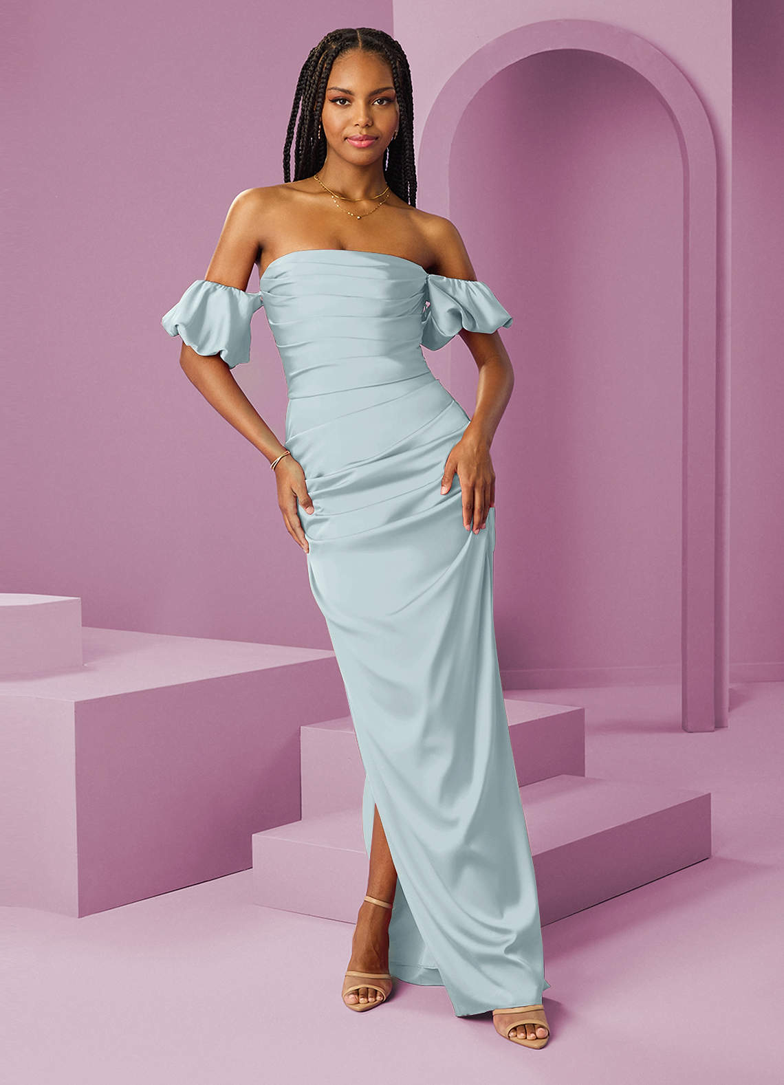 Barbie ♥ Azazie Jurken voor bruidsmeisjes Converteerbaar Jurk van Stretch Satijn met Kolom Off the Shoulder De Nevel image1