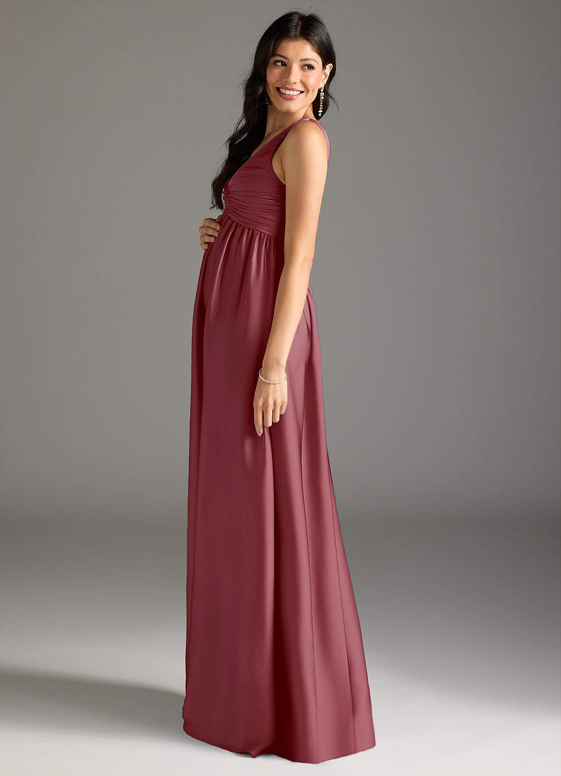 Azazie Yetta vestidos de dama de honor de maternidad Vestido de Corte en A Plisado Hasta el suelo Satén Elástico image3