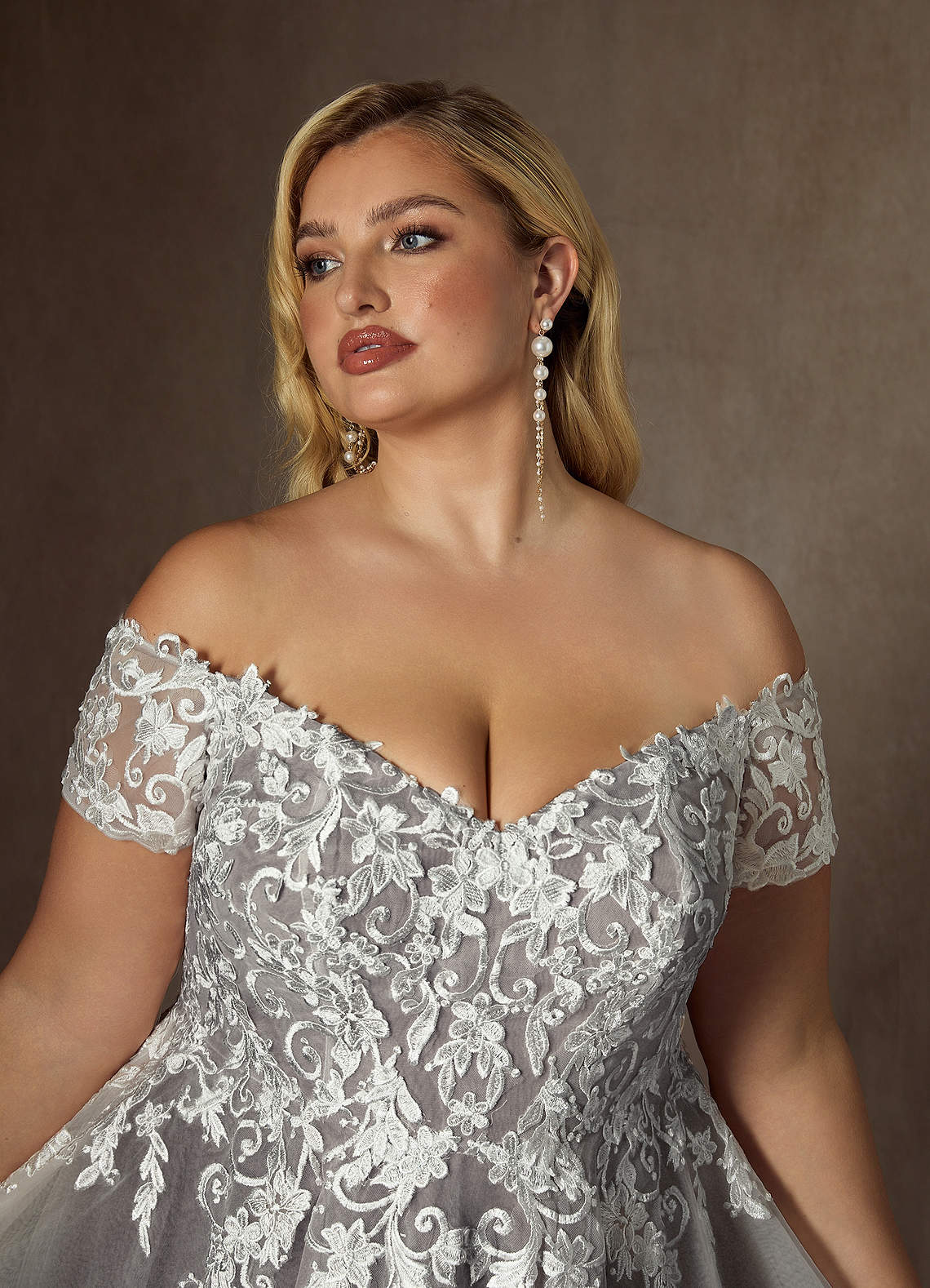 Azazie Rowe Diamond White Mocha Ball-Gown Off the Shoulder Tulle Dress |  Azazie