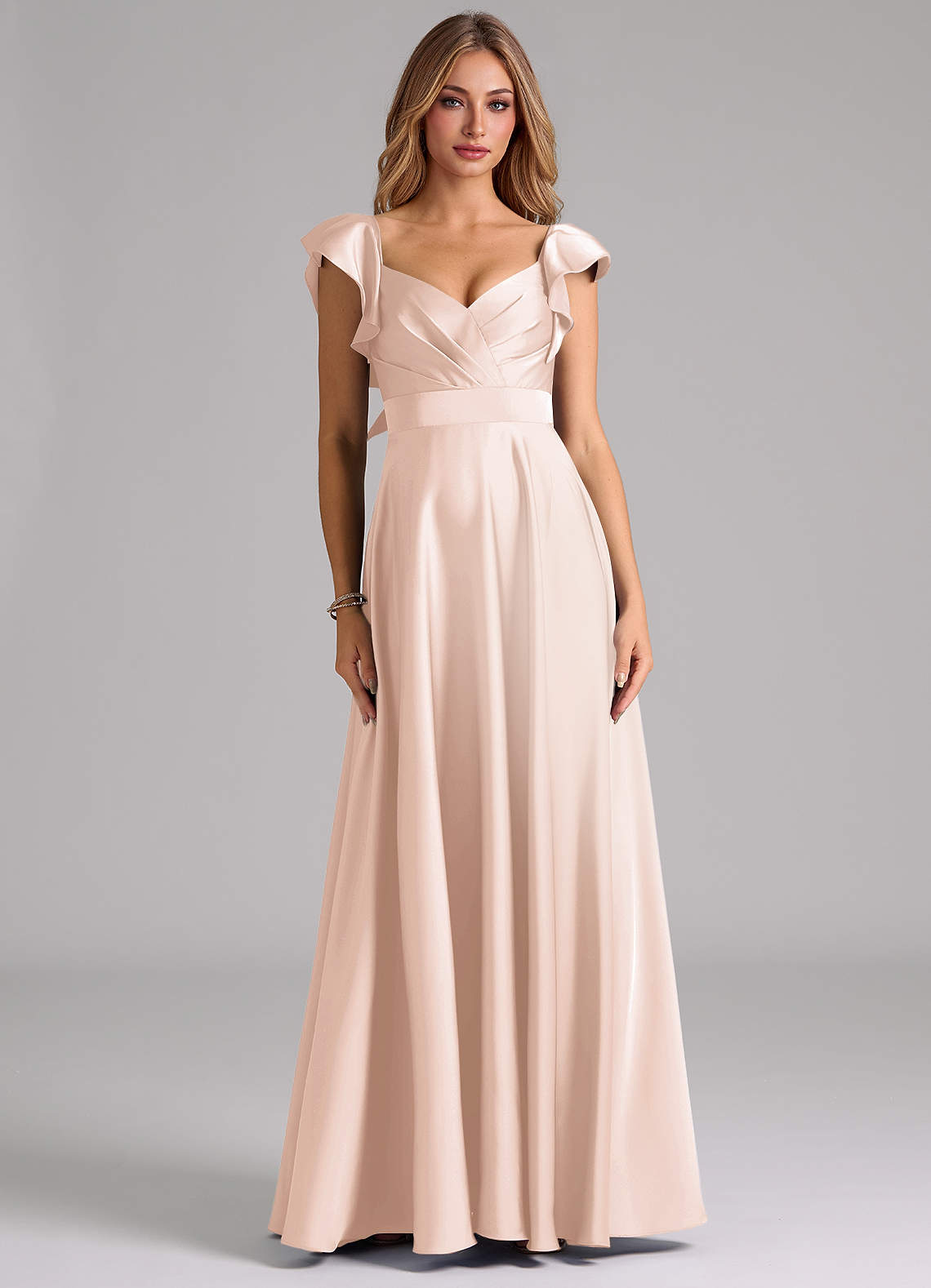 Azazie Leilani Bridesmaid Dresses Blushing Pink A-Line Ruched Stretch Satin Dress image2