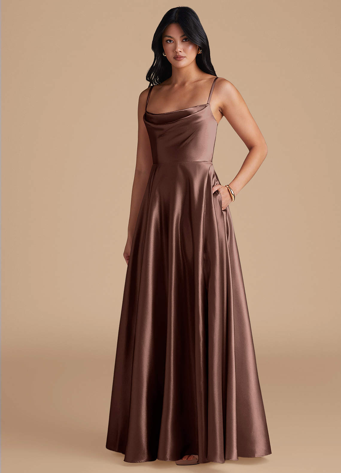 Azazie Elle Bridesmaid Dresses Espresso A-Line with Pockets Metallic Satin Dress image1
