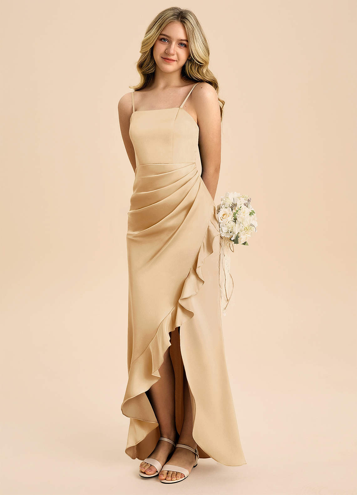 gold jr bridesmaid dresses Azazie Buzzy Junior Rose Gold Fabric Specialty_Azo-Free Dyed Petal and Pup Women's Size:36 Xlong