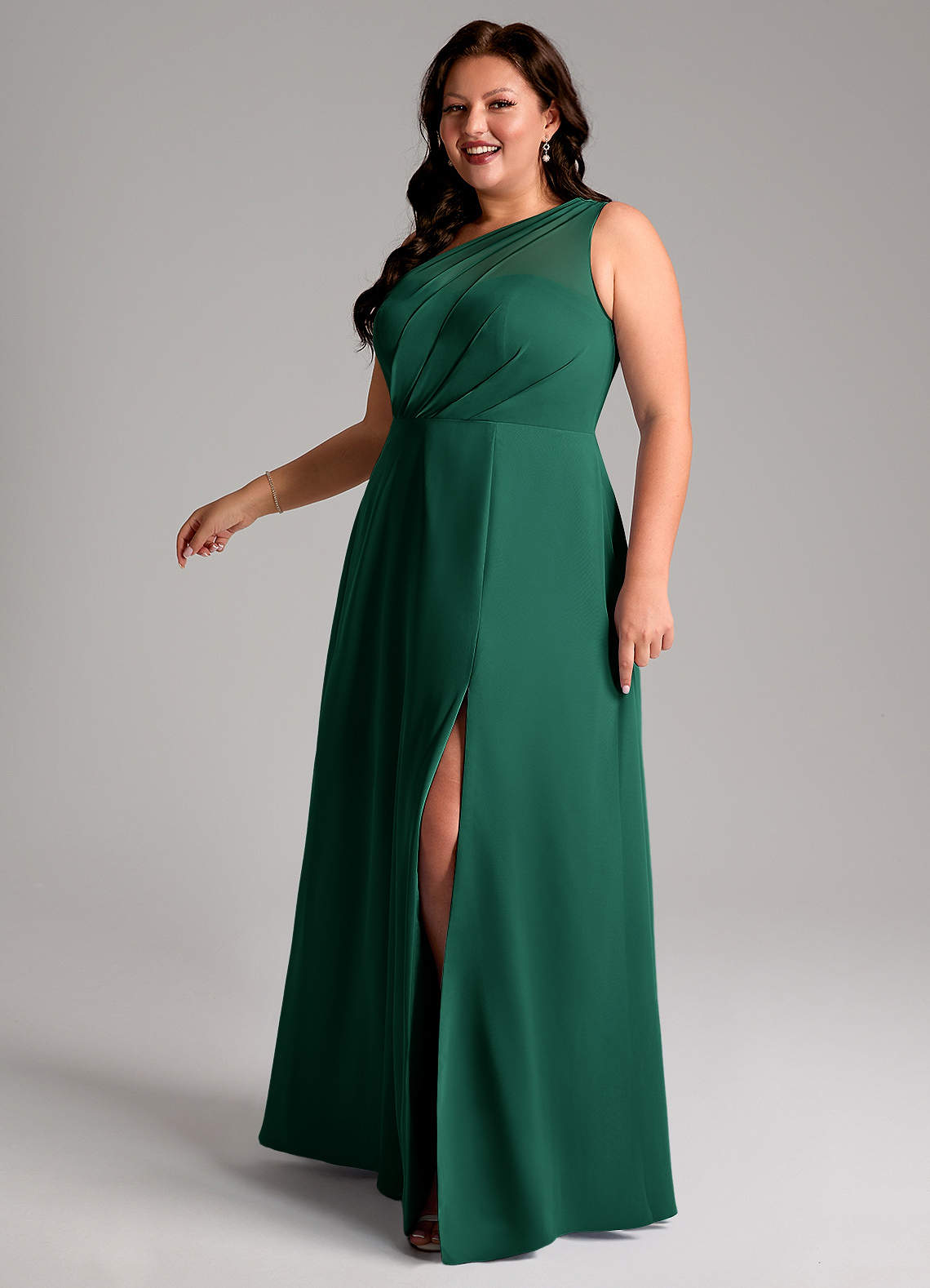 Azazie Phaedra Vestidos de madrinha de casamento Vestido Esmeralda de Chiffon de Linha A com Um ombro image13