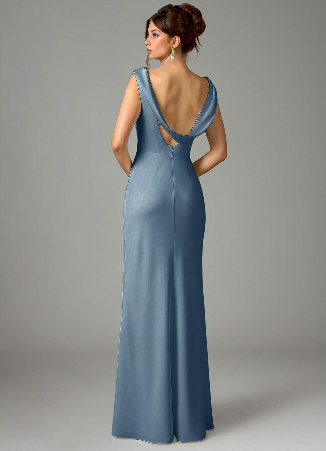Azazie Kieryn Bridesmaid Dresses Dusty Blue Mermaid Pleated Stretch Satin Dress image5