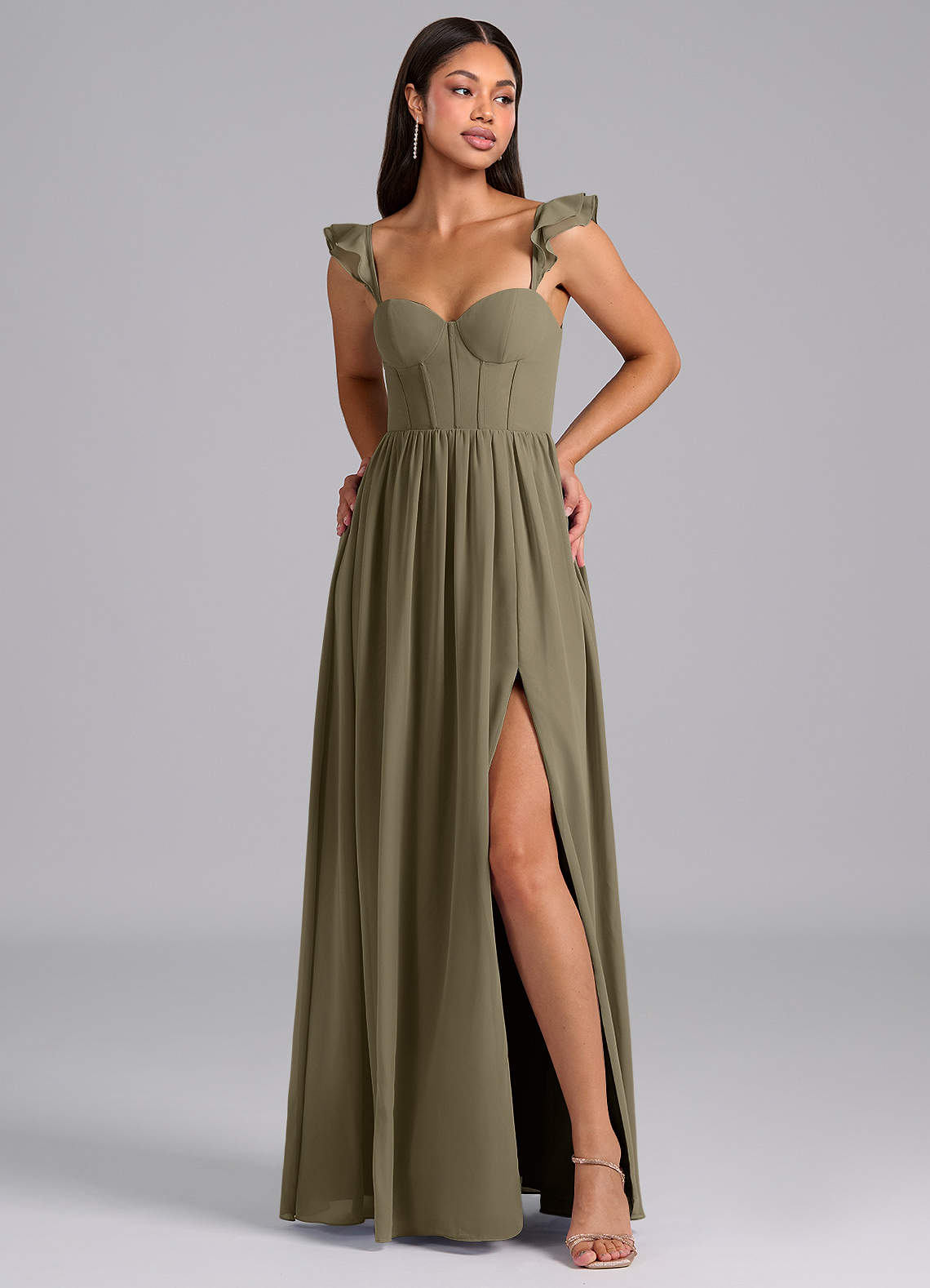Azazie Denisse Abiti da Damigella Abito A-Line in Chiffon Increspato Willow Green image1