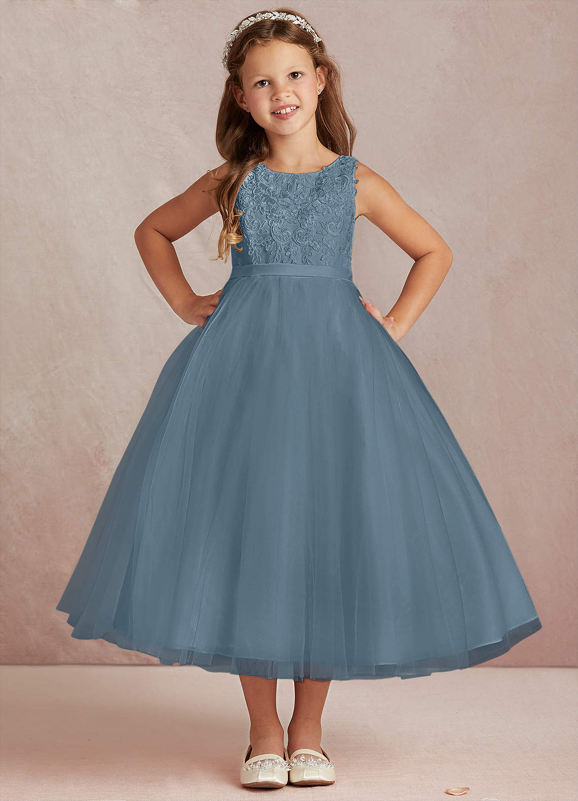 Azazie Calla Dusty Blue Ball Gown Lace Tulle Dress Azazie