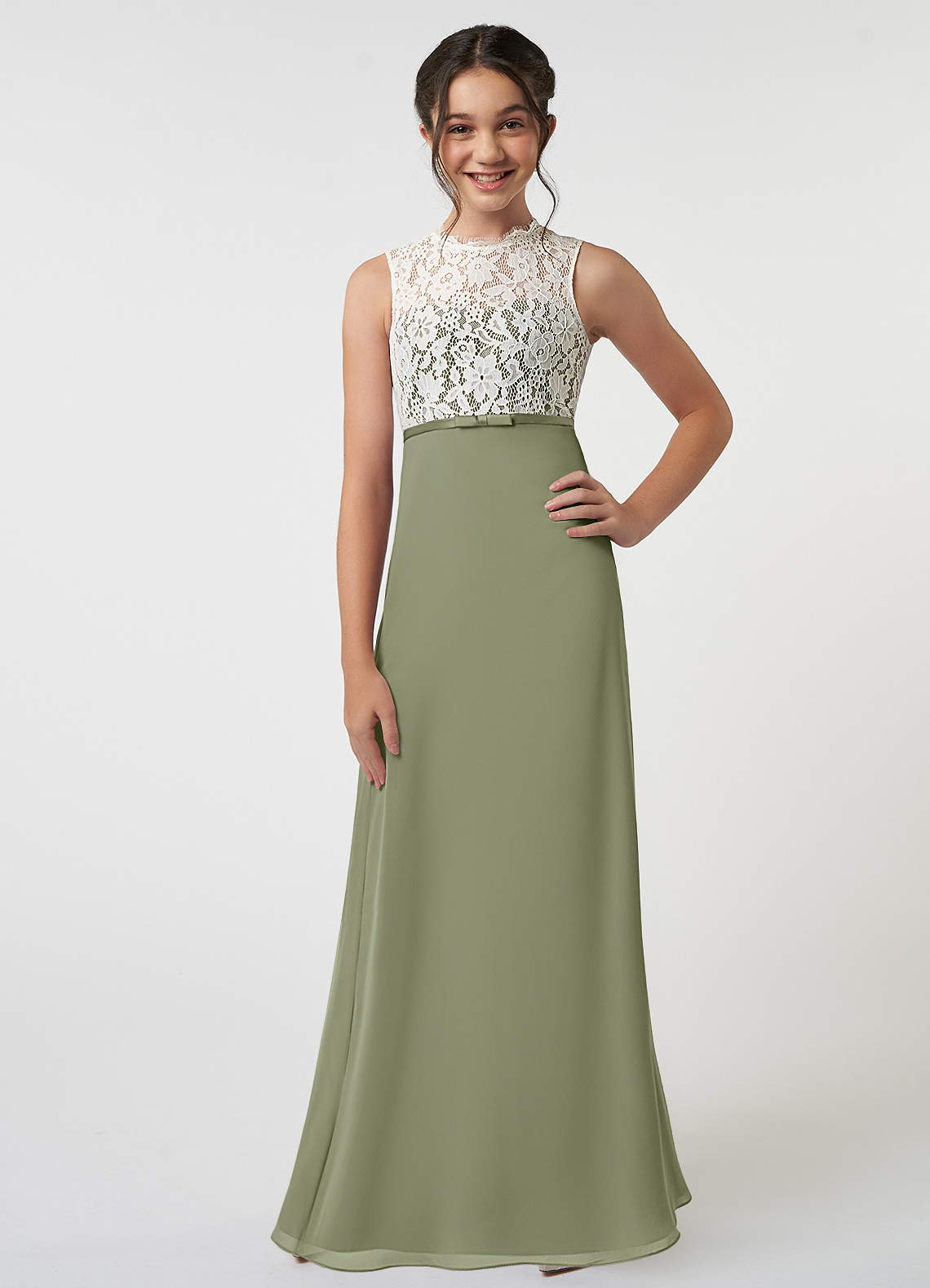 Azazie Rana Junior Pistachio A-Line Lace Chiffon Dress image1