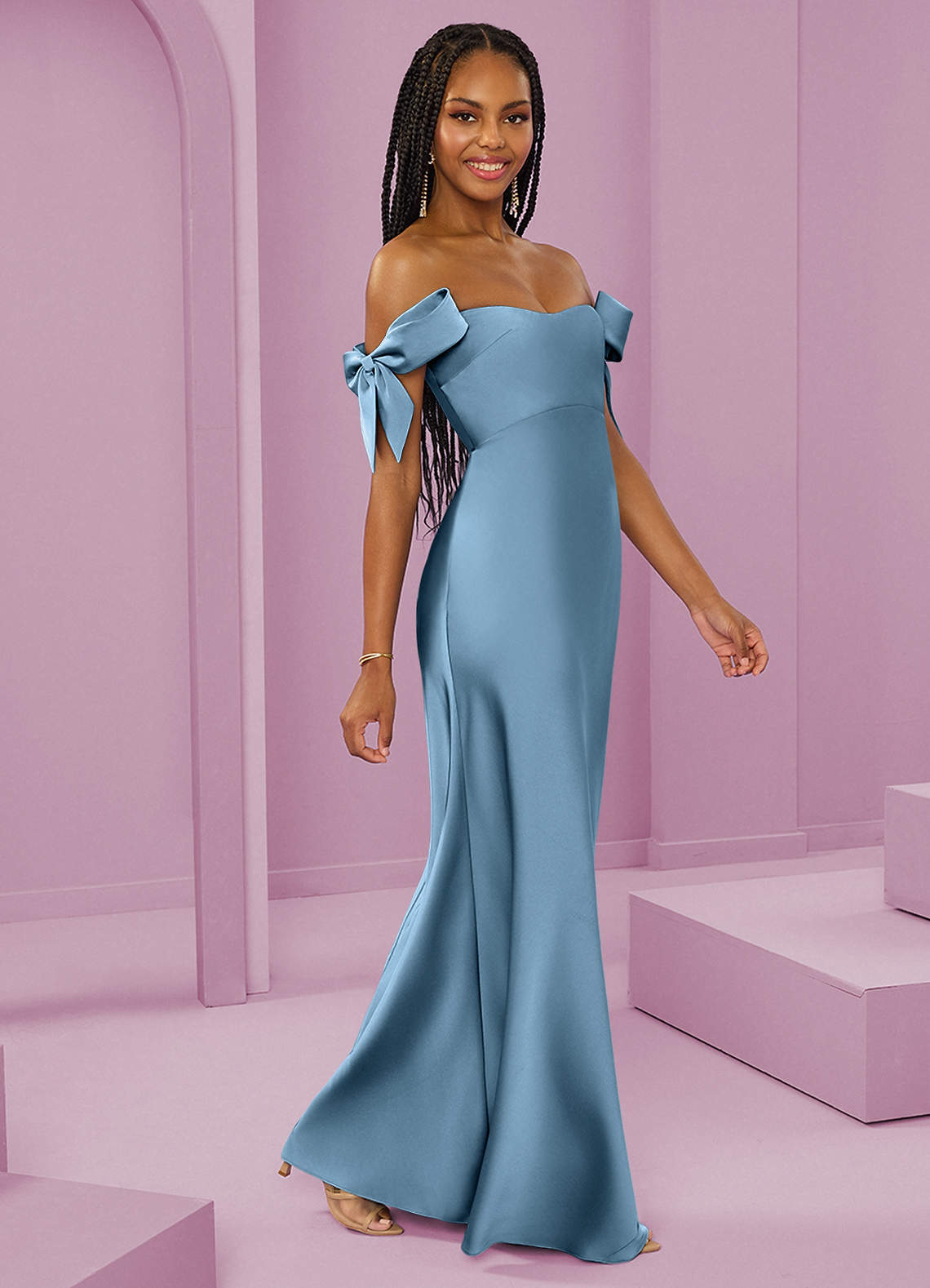 Barbie ♥ Azazie Bridesmaid Dresses Steel Blue Sheath Off the Shoulder Stretch Satin Convertible Dress image1