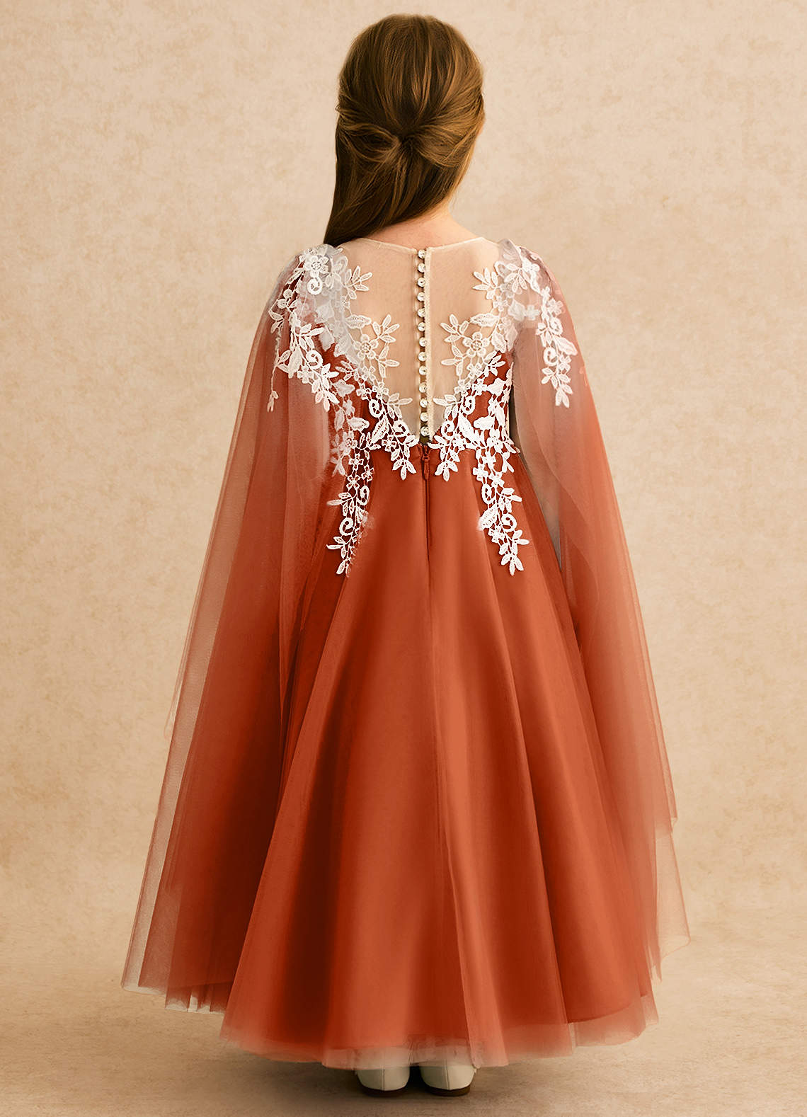 Azazie Ball-Gown Illusion Ankle-Length Tulle Flower Girl Dresses - Burnt Orange