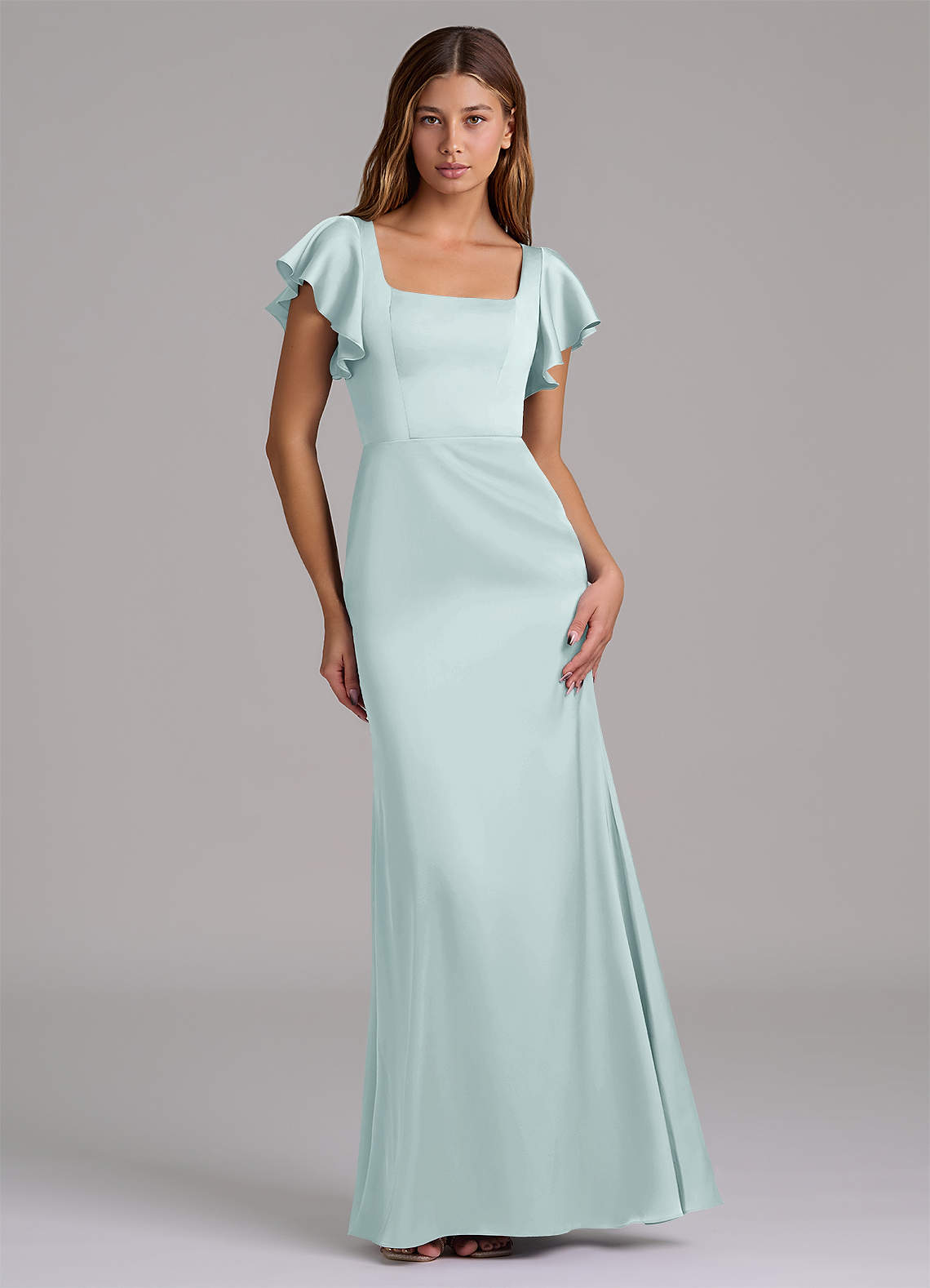 Azazie Elkie 신부 들러리 드레스 인어 스퀘어 네크라인 스트레치 새틴 바닥 길이 드레스 image1